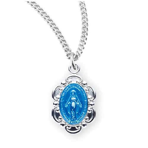Sterling Silver Blue Scalloped Miraculous Medal Necklace