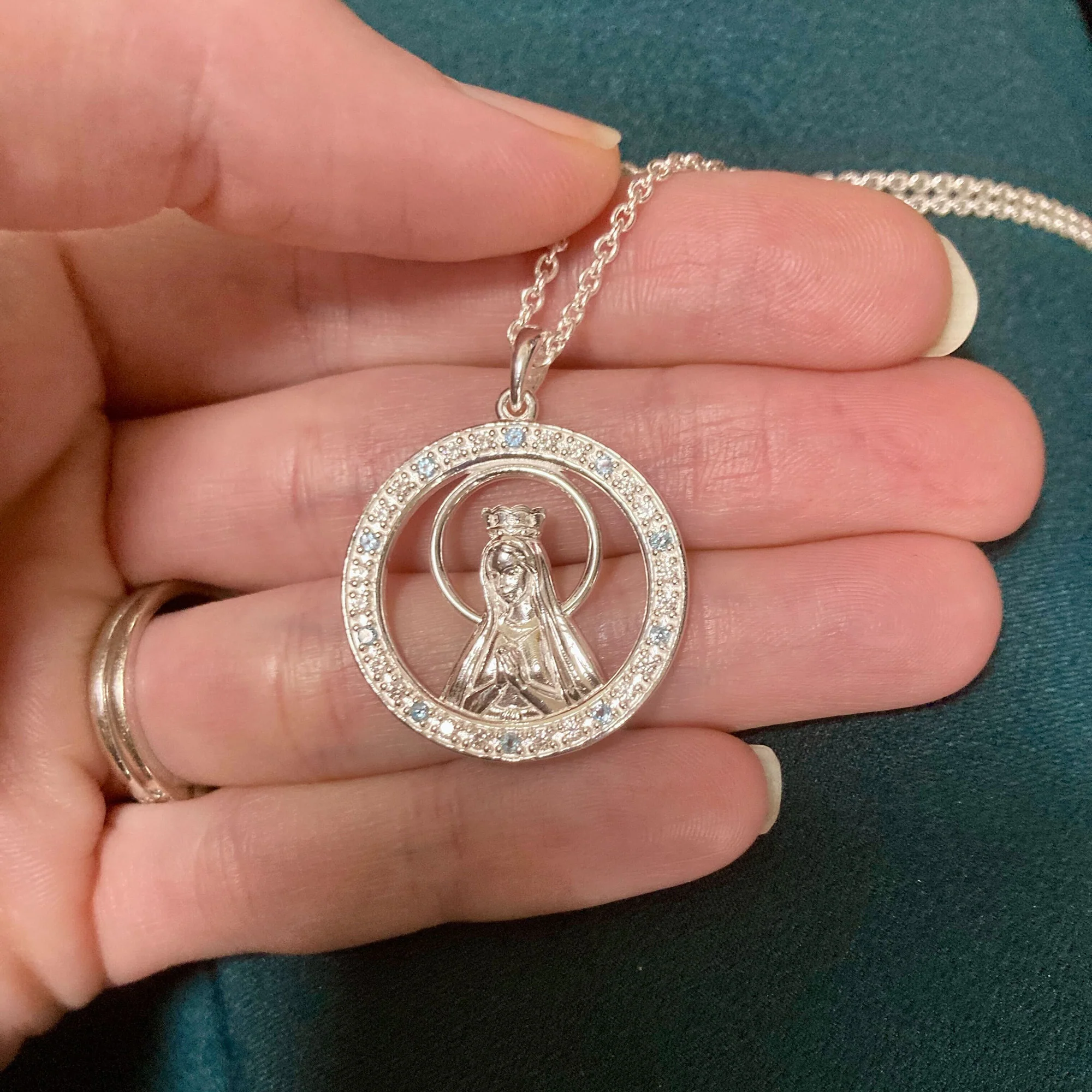 Sterling Silver & Blue Topaz Mary Queen of Heaven Necklace - Image 3