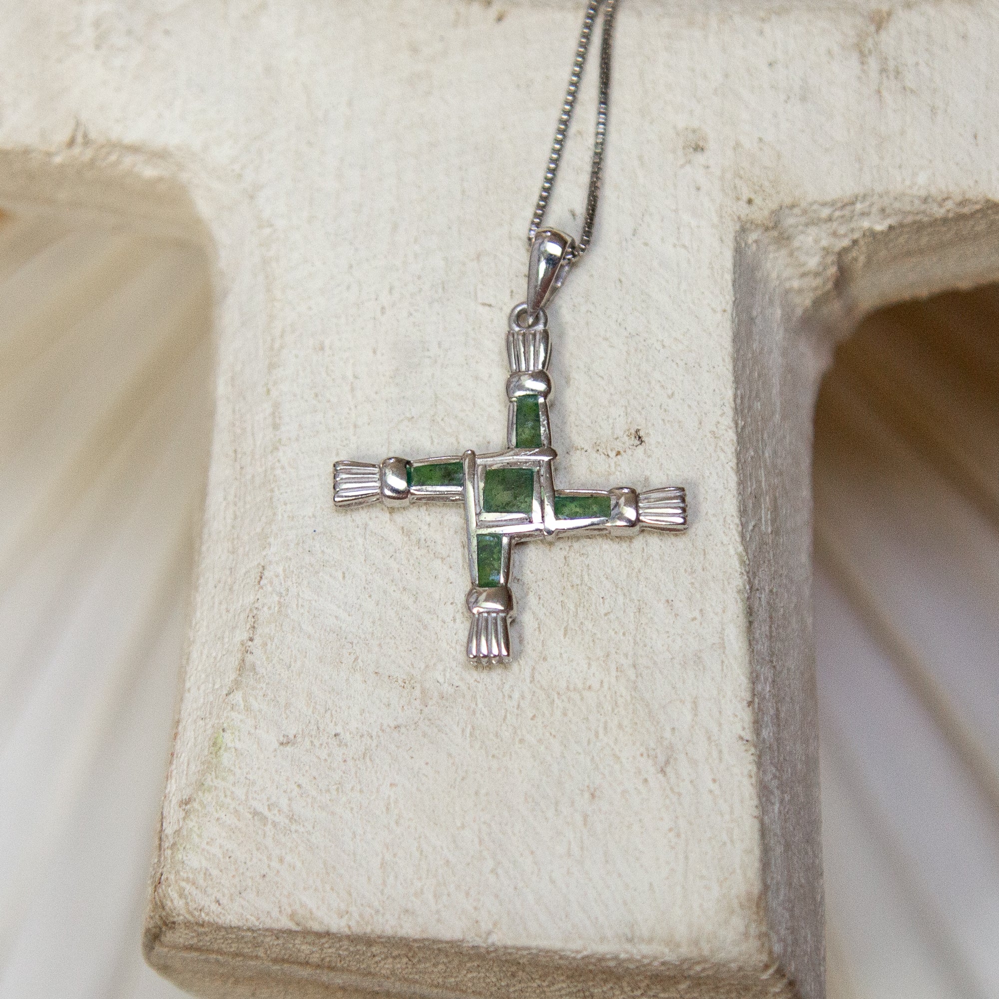 Sterling Silver Connemara Marble St. Brigid Cross on 18 inch chain