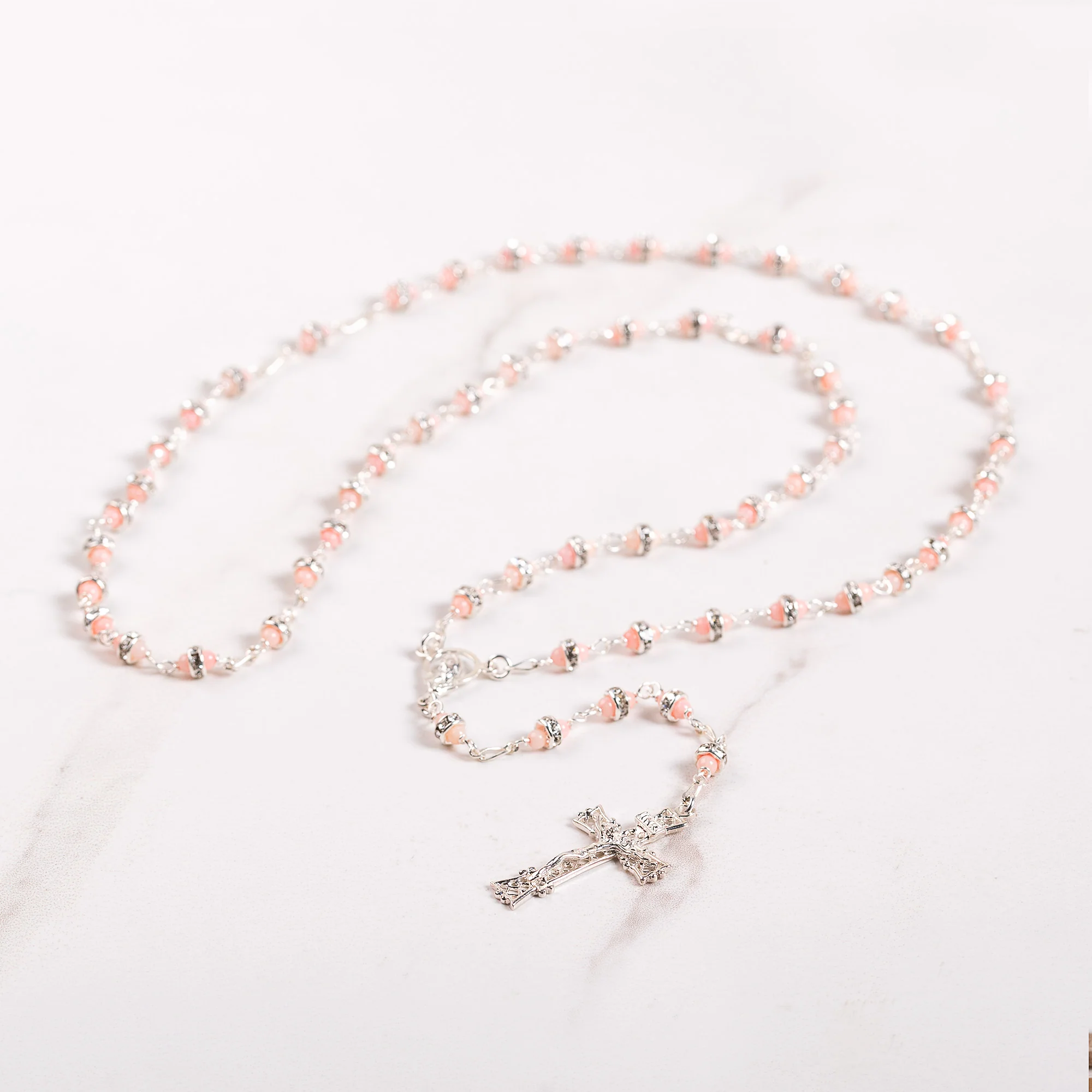 Sterling Silver Coral & Rhinestone Rosary
