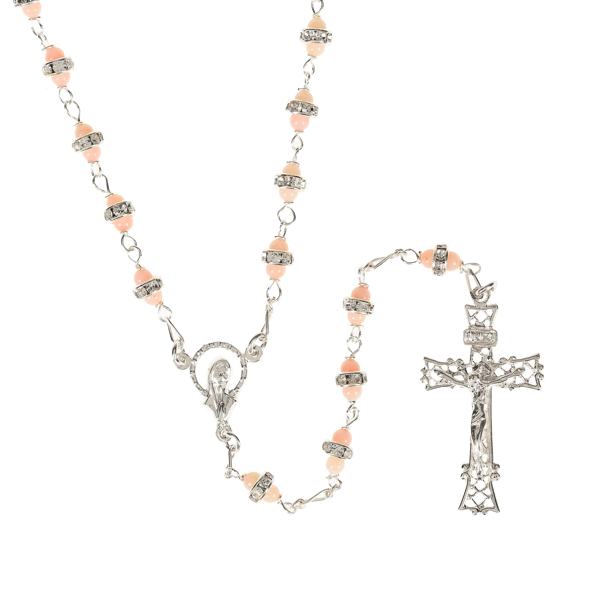 Sterling Silver Coral & Rhinestone Rosary - Image 2