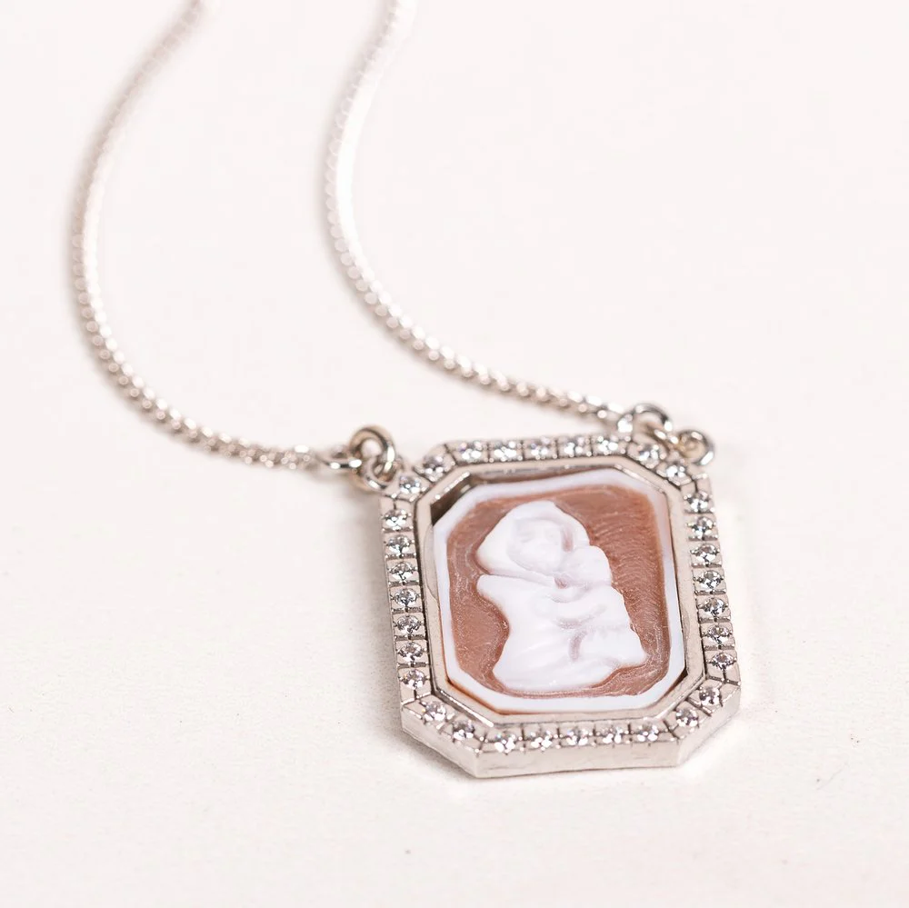 Sterling Silver & Crystal Madonna & Child Cameo Necklace - Image 2