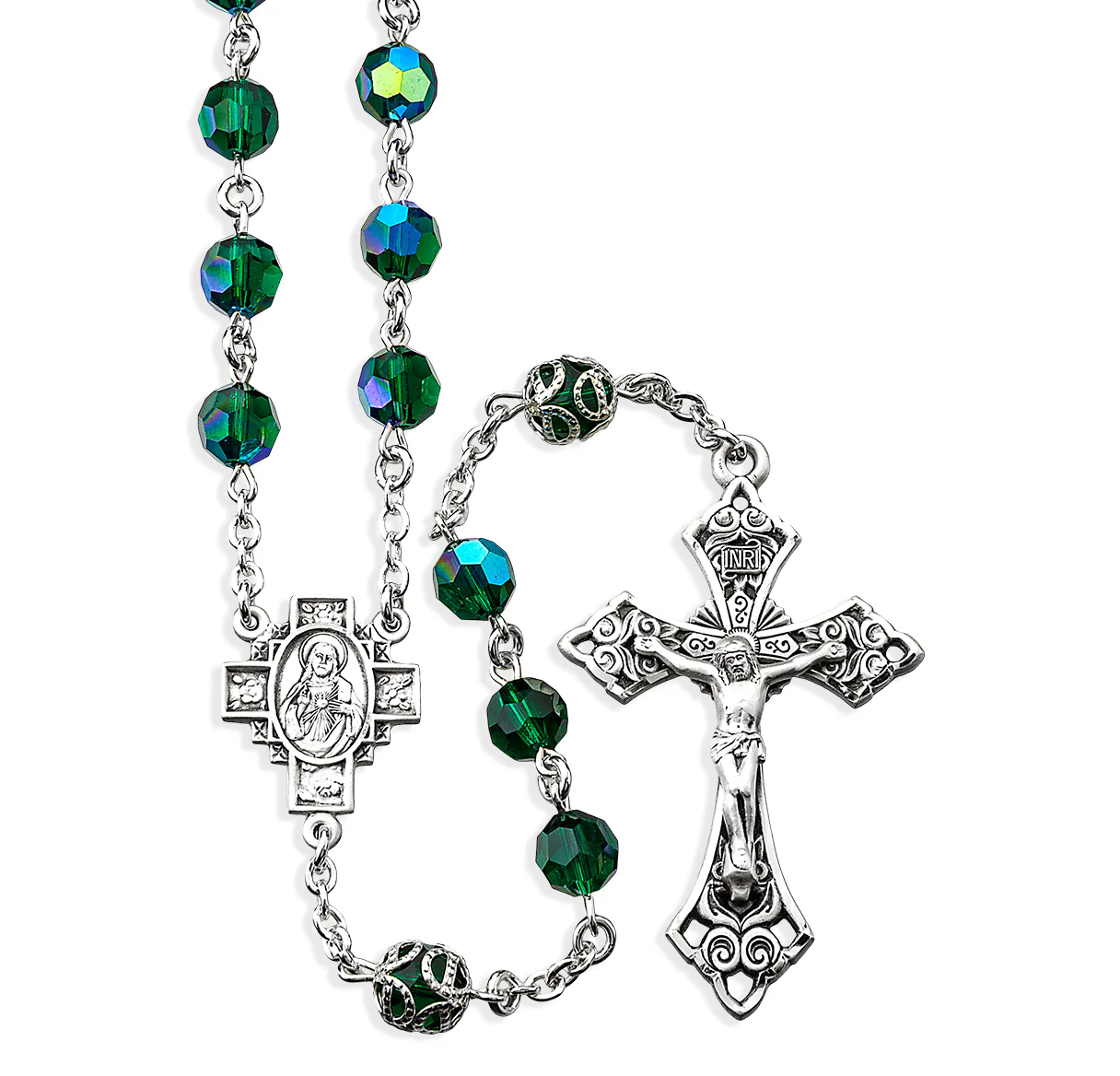 Sterling Silver Emerald Capped Crystal Rosary