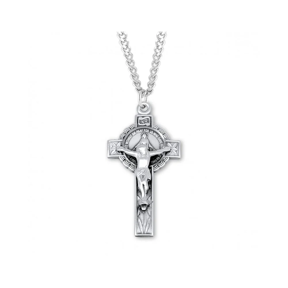 Sterling Silver Floral Miraculous Medal Crucifix Necklace - 18"