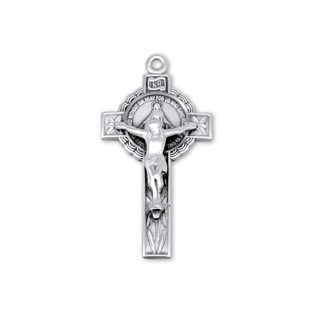 Sterling Silver Floral Miraculous Medal Crucifix Necklace - 18" - Image 2