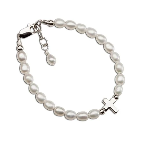 Sterling Silver Freshwater Pearl Cross Bracelet - Youth L