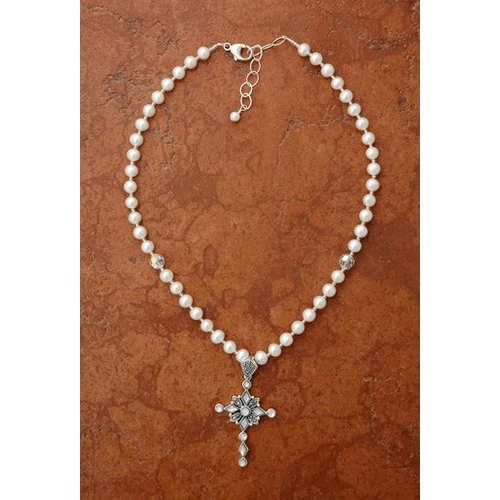 Sterling Silver Freshwater Pearl Necklace, Mother of Pearl Cross