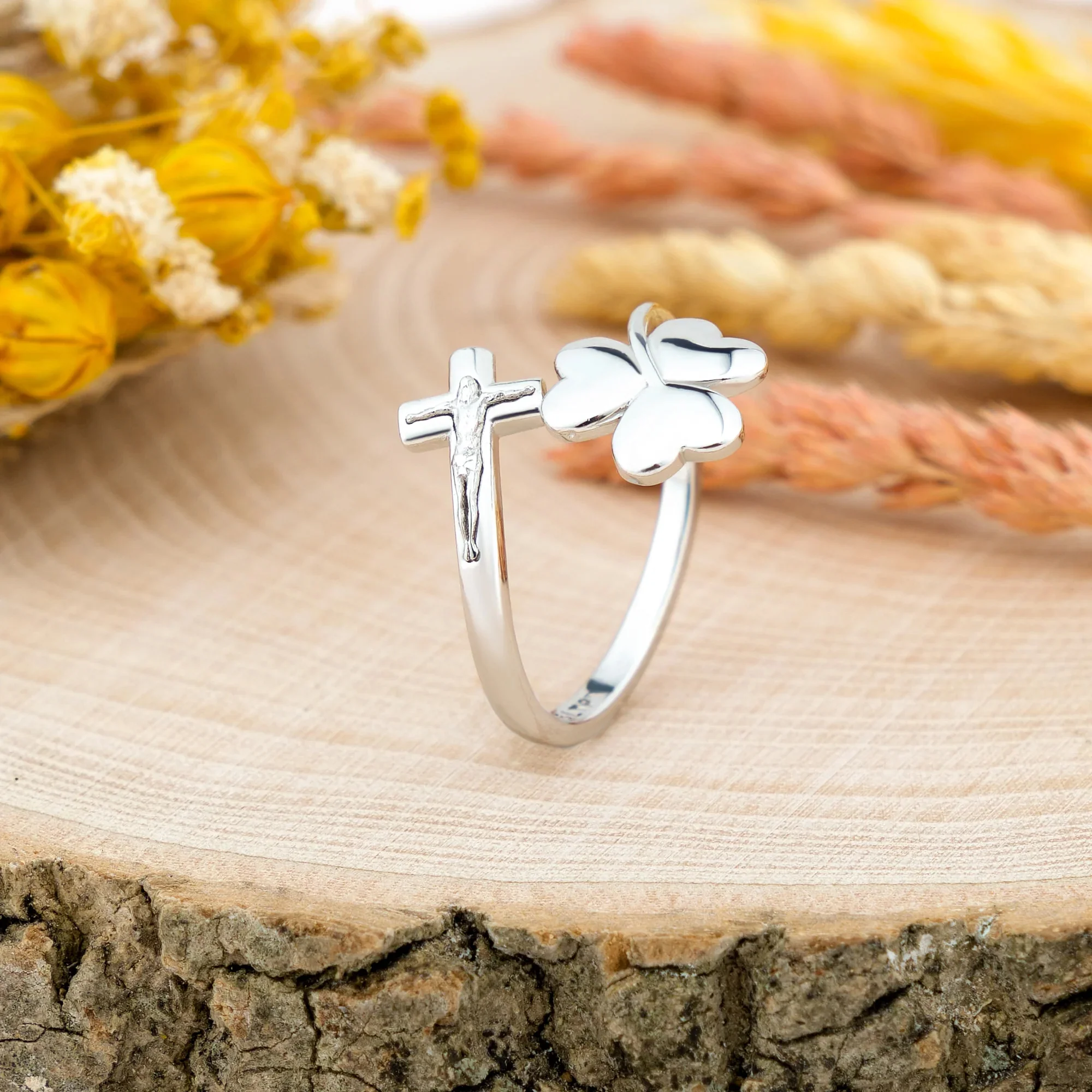 Sterling Silver Irish Trinity Clover & Crucifix Adjustable Ring