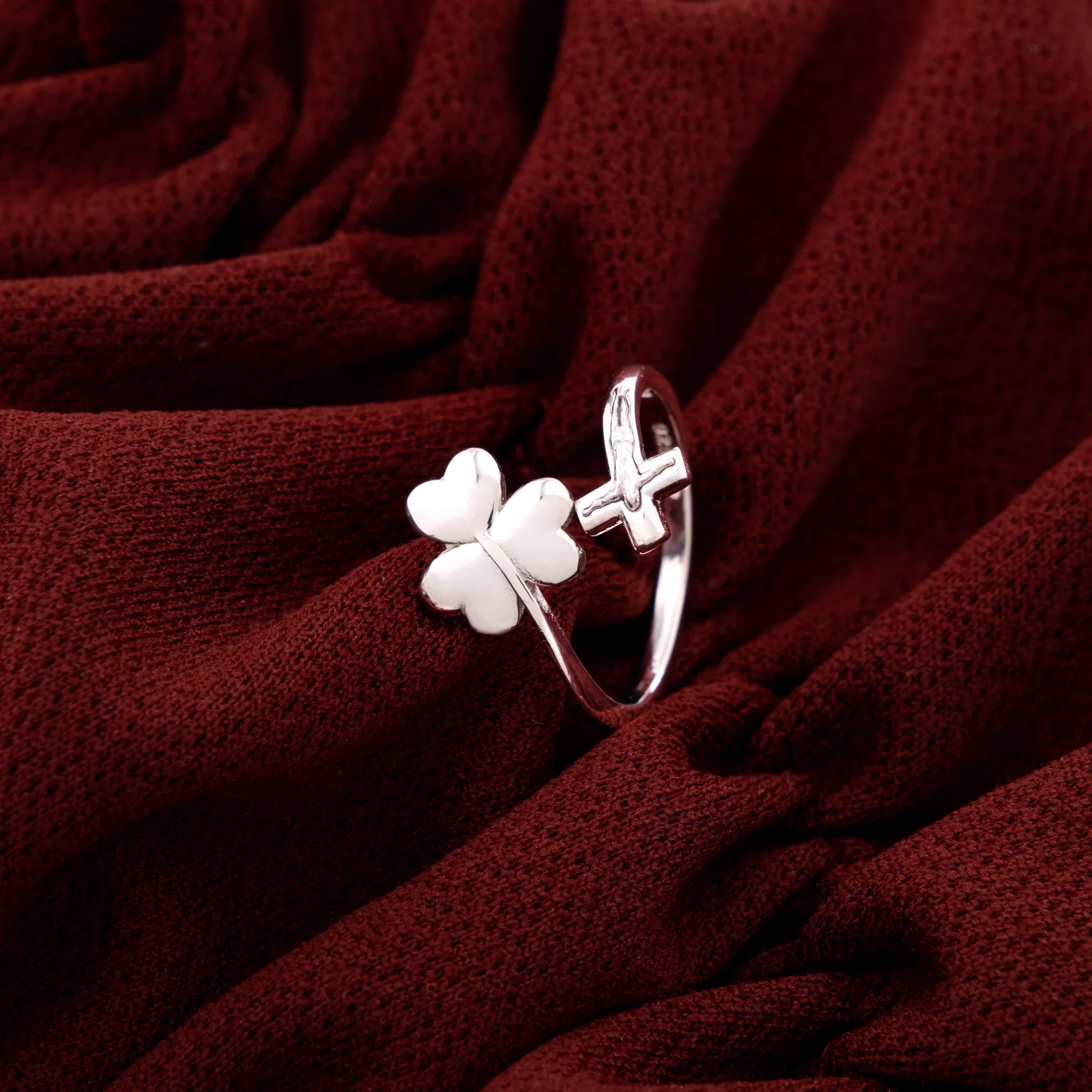 Sterling Silver Irish Trinity Clover & Crucifix Adjustable Ring - Image 2