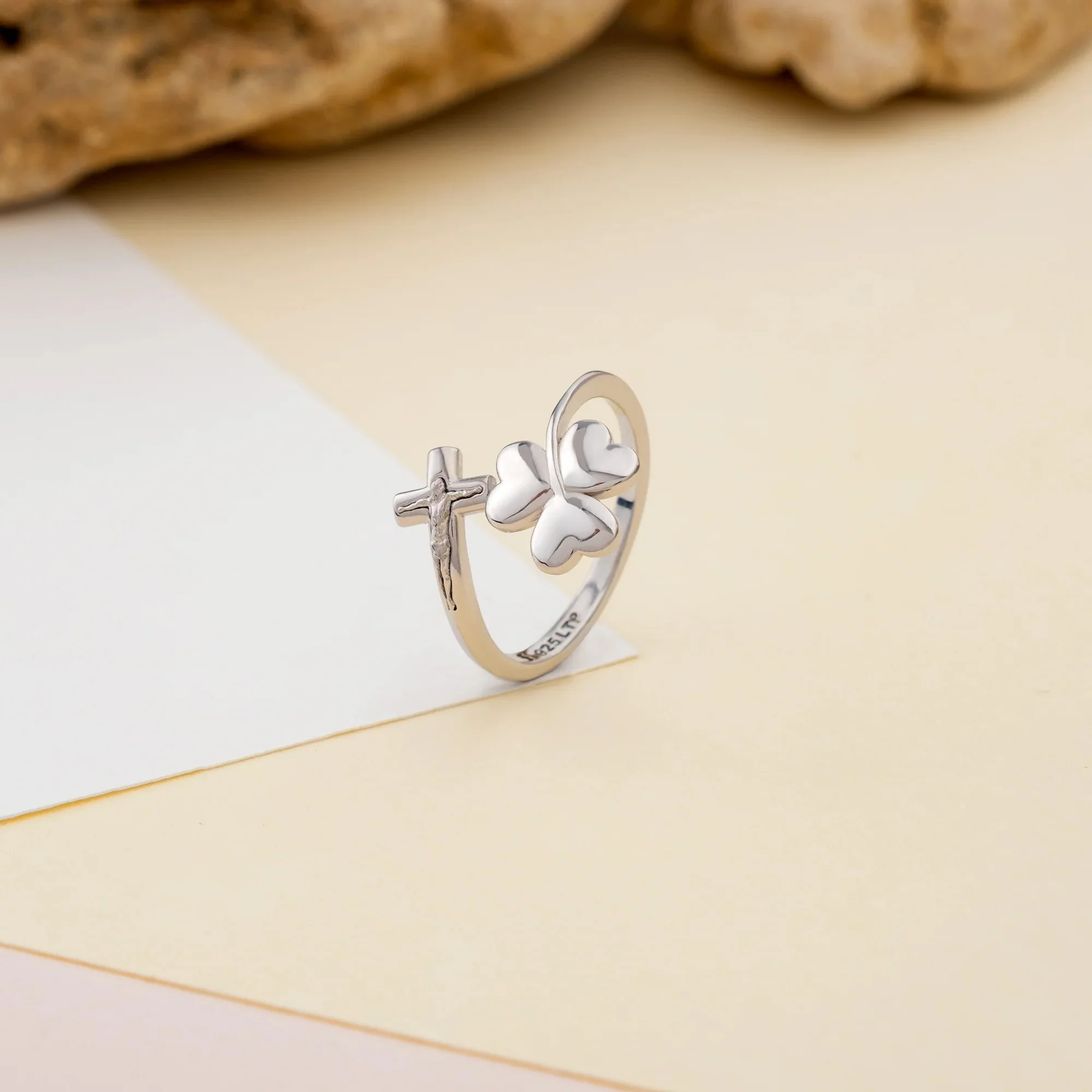 Sterling Silver Irish Trinity Clover & Crucifix Adjustable Ring - Image 3