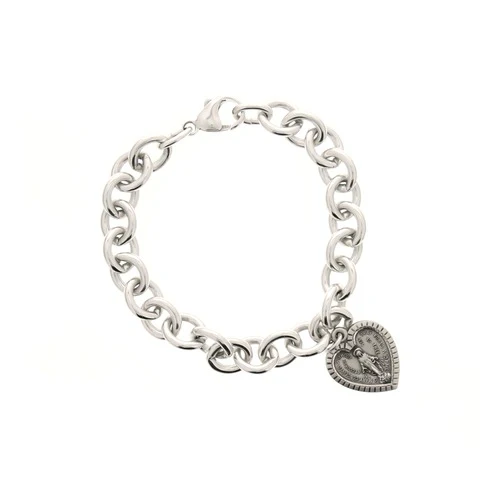 Sterling Silver Link Bracelet with Heart Miraculous Medal