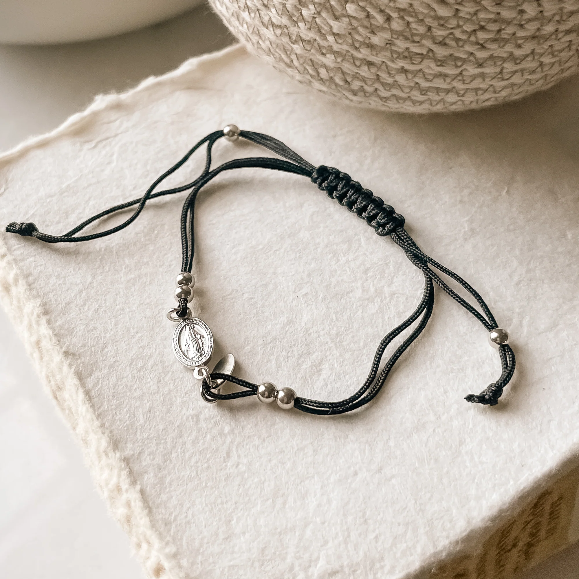 Sterling Silver Miraculous Medal Black Cord Bracelet - Image 2