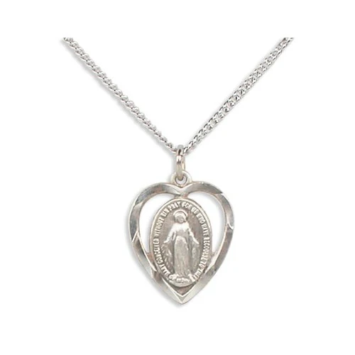 Sterling Silver Miraculous Medal Petite Heart Pendant on 18 inch chain
