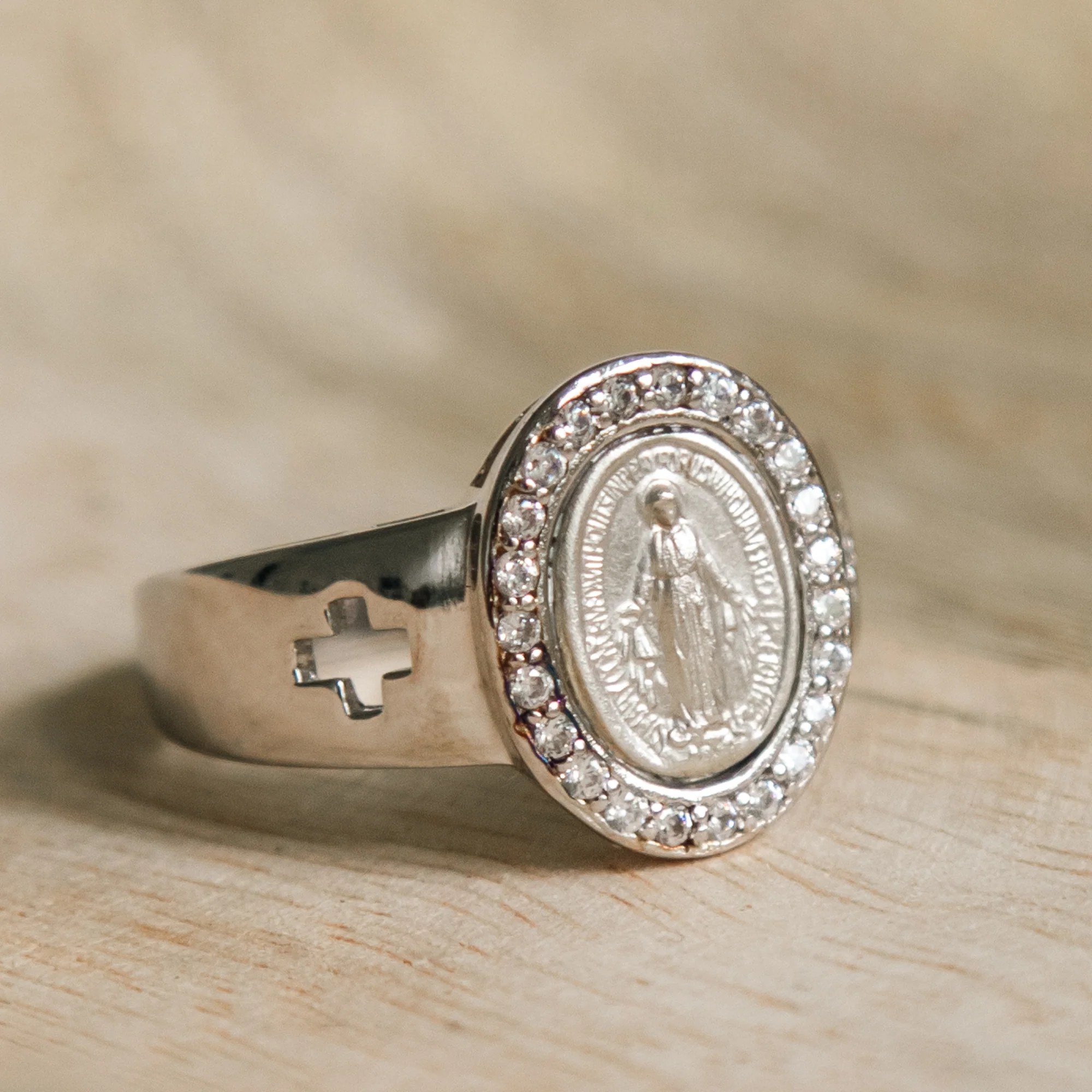 Sterling Silver Miraculous Medal Ring, w/ Crosses - Image 3