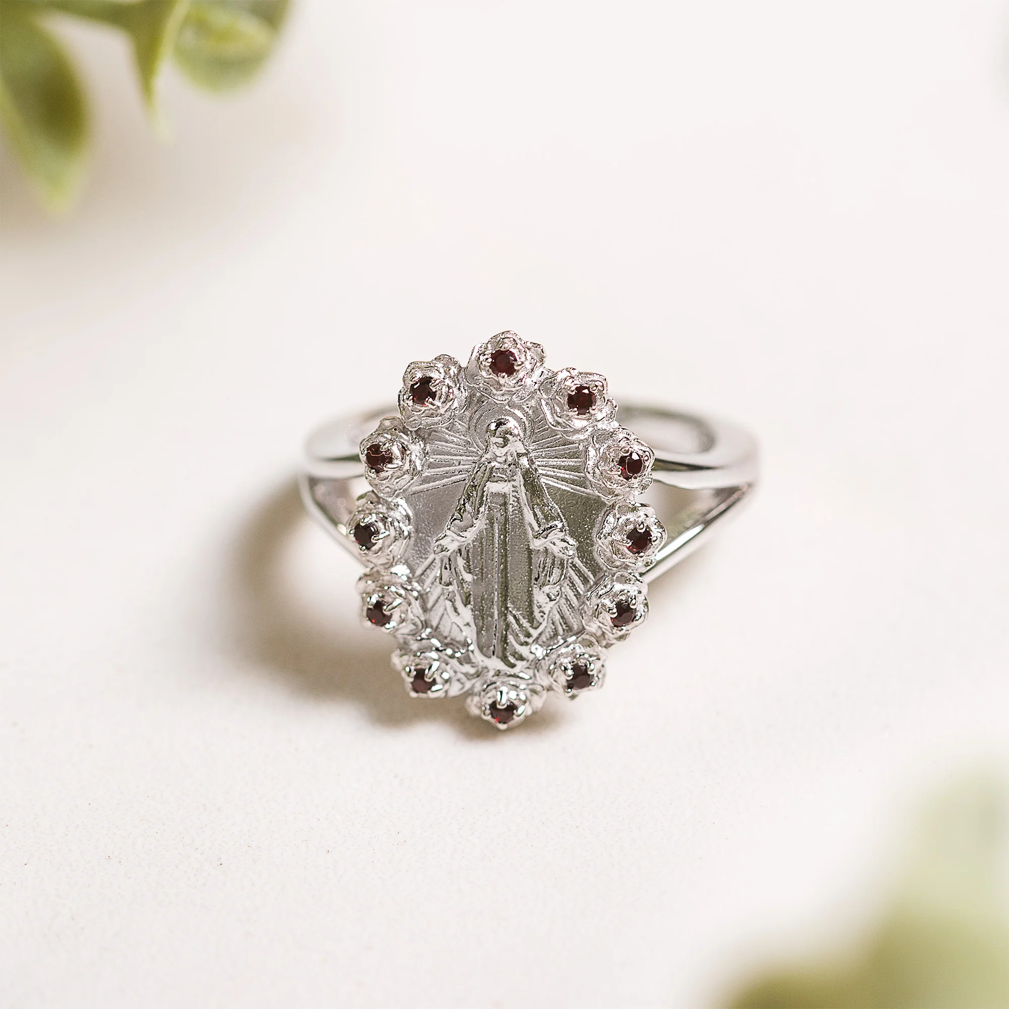 Sterling Silver Miraculous Medal & Rose Halo Ring - Multiple Sizes - Image 3