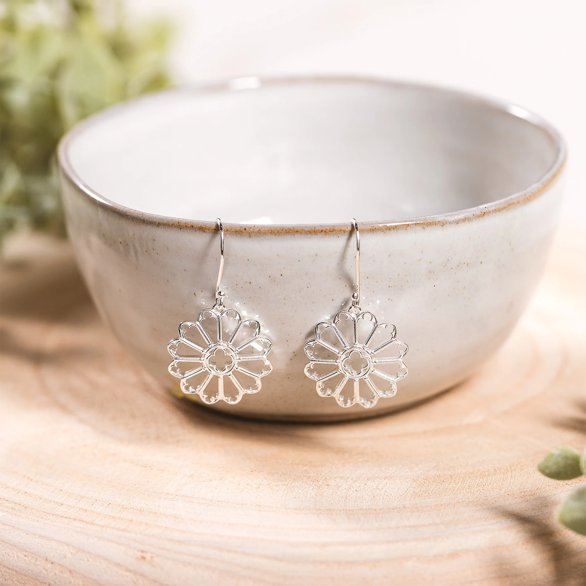 Sterling Silver Notre Dame Rose Window Earrings - With or Without Jewel Inlay