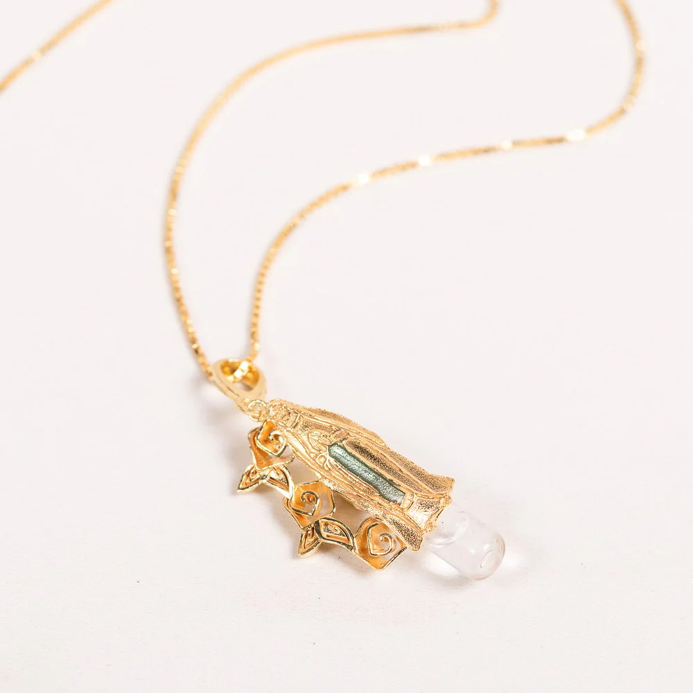 Gold Over Sterling Silver Our Lady of Lourdes Rose Necklace with Lourdes Water - Image 3