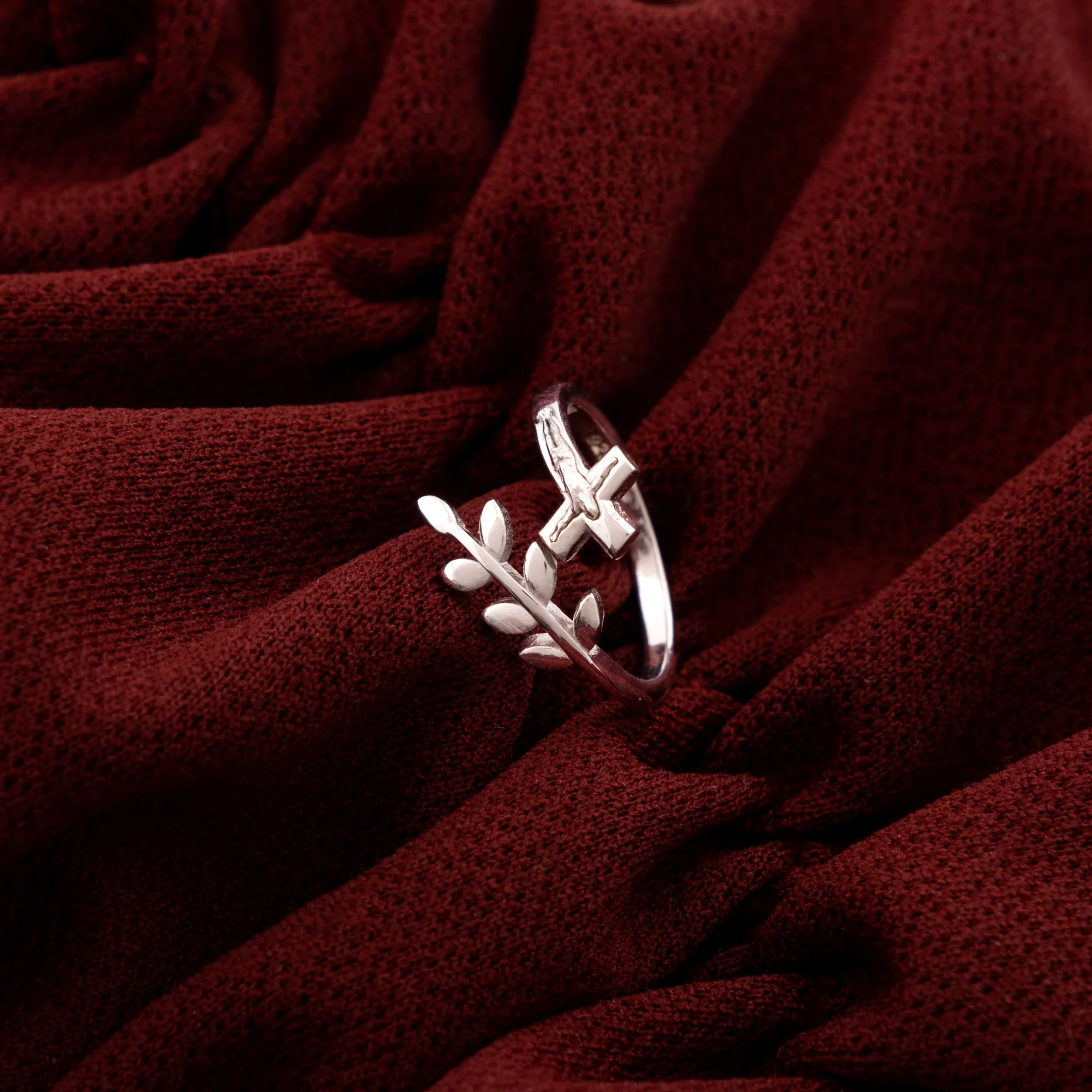 Sterling Silver Peace Olive Branch & Crucifix Adjustable Ring - Image 2