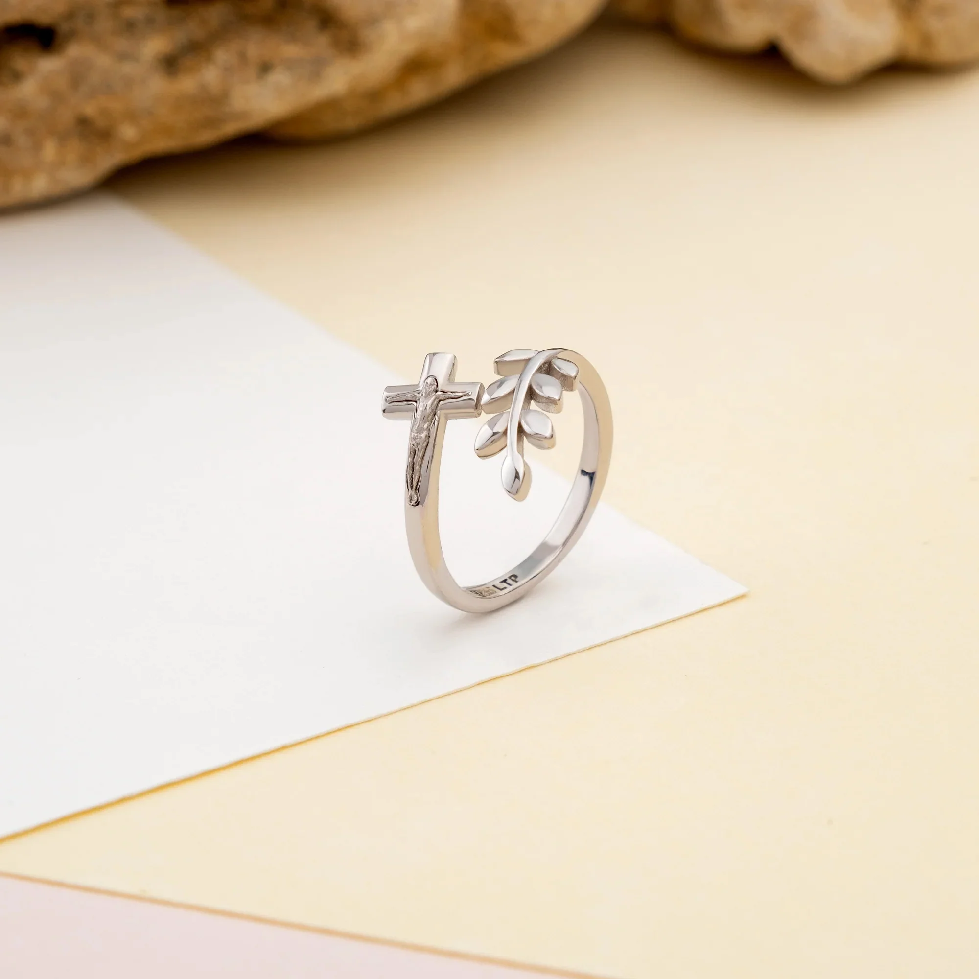 Sterling Silver Peace Olive Branch & Crucifix Adjustable Ring - Image 3