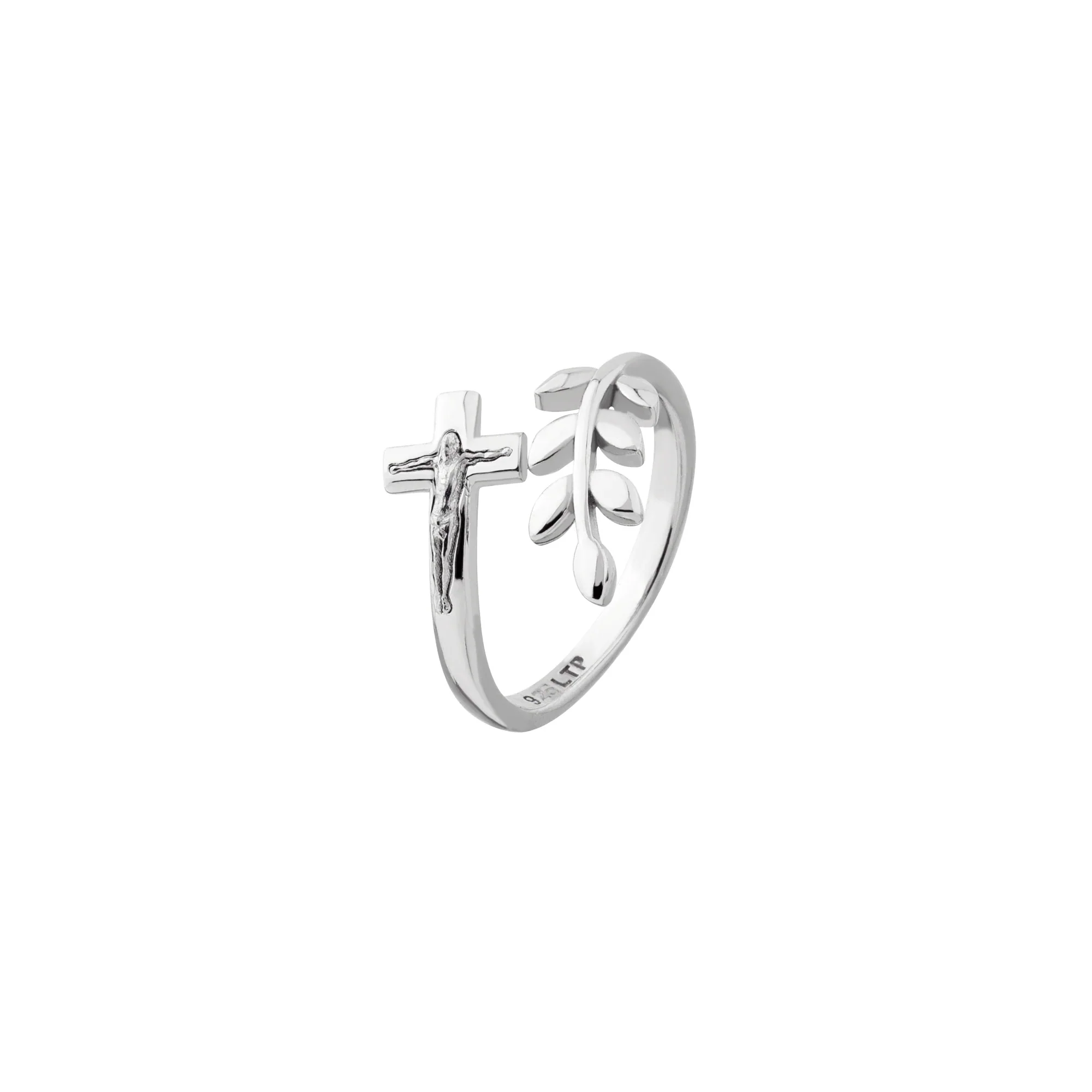 Sterling Silver Peace Olive Branch & Crucifix Adjustable Ring - Image 4