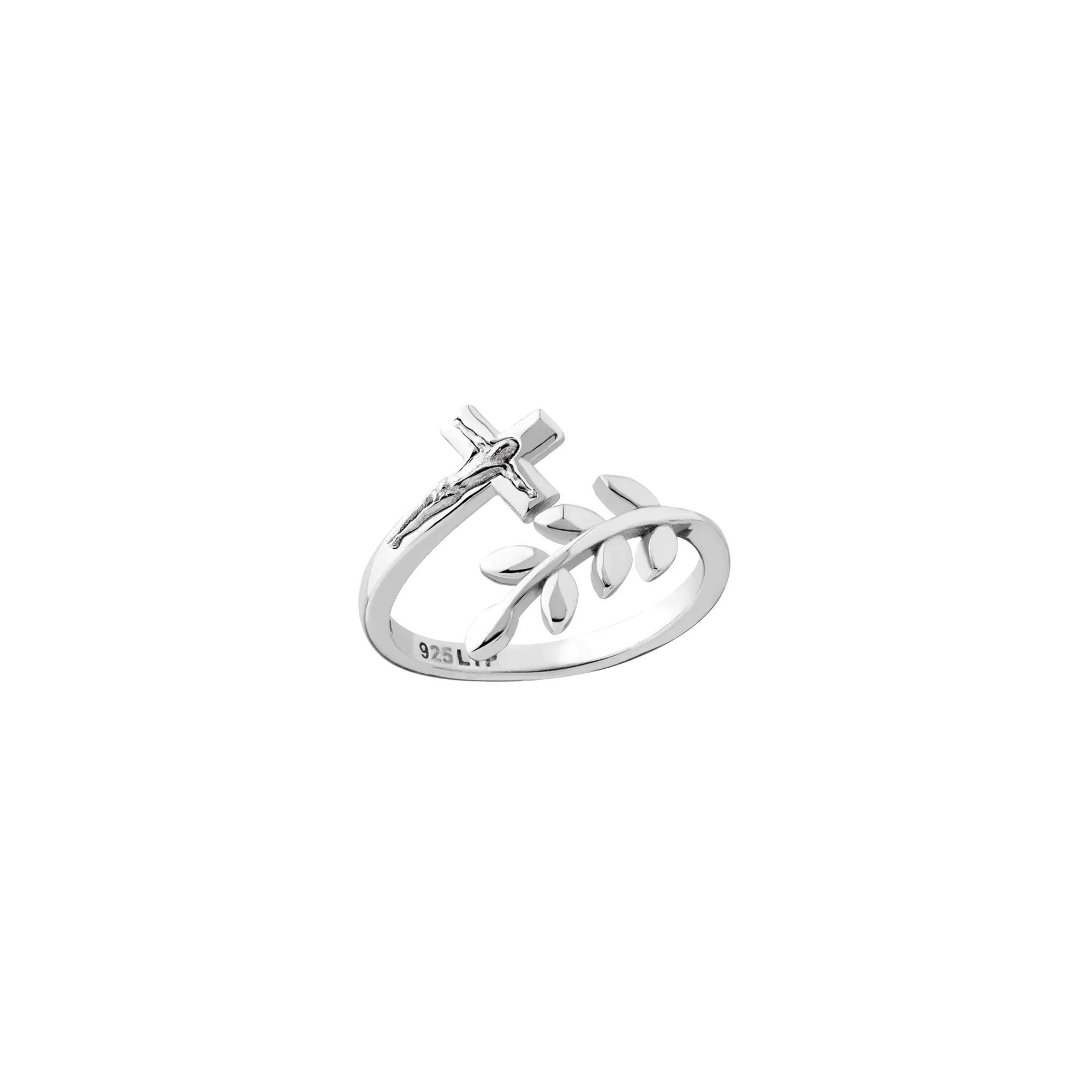 Sterling Silver Peace Olive Branch & Crucifix Adjustable Ring - Image 5