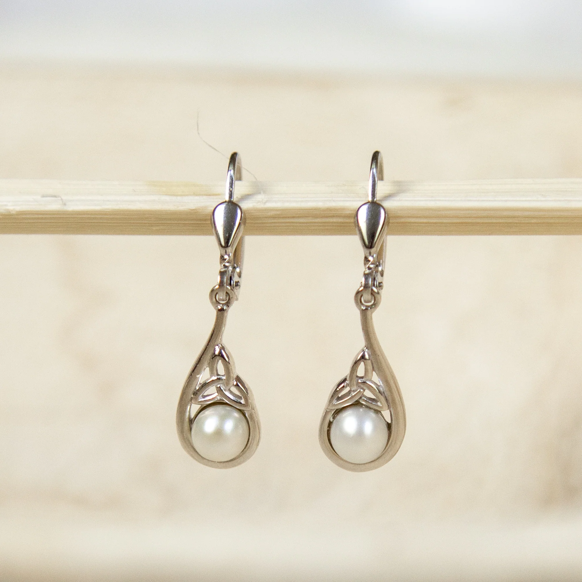 Sterling Silver & Pearl Trinity Knot Earrings - Image 2