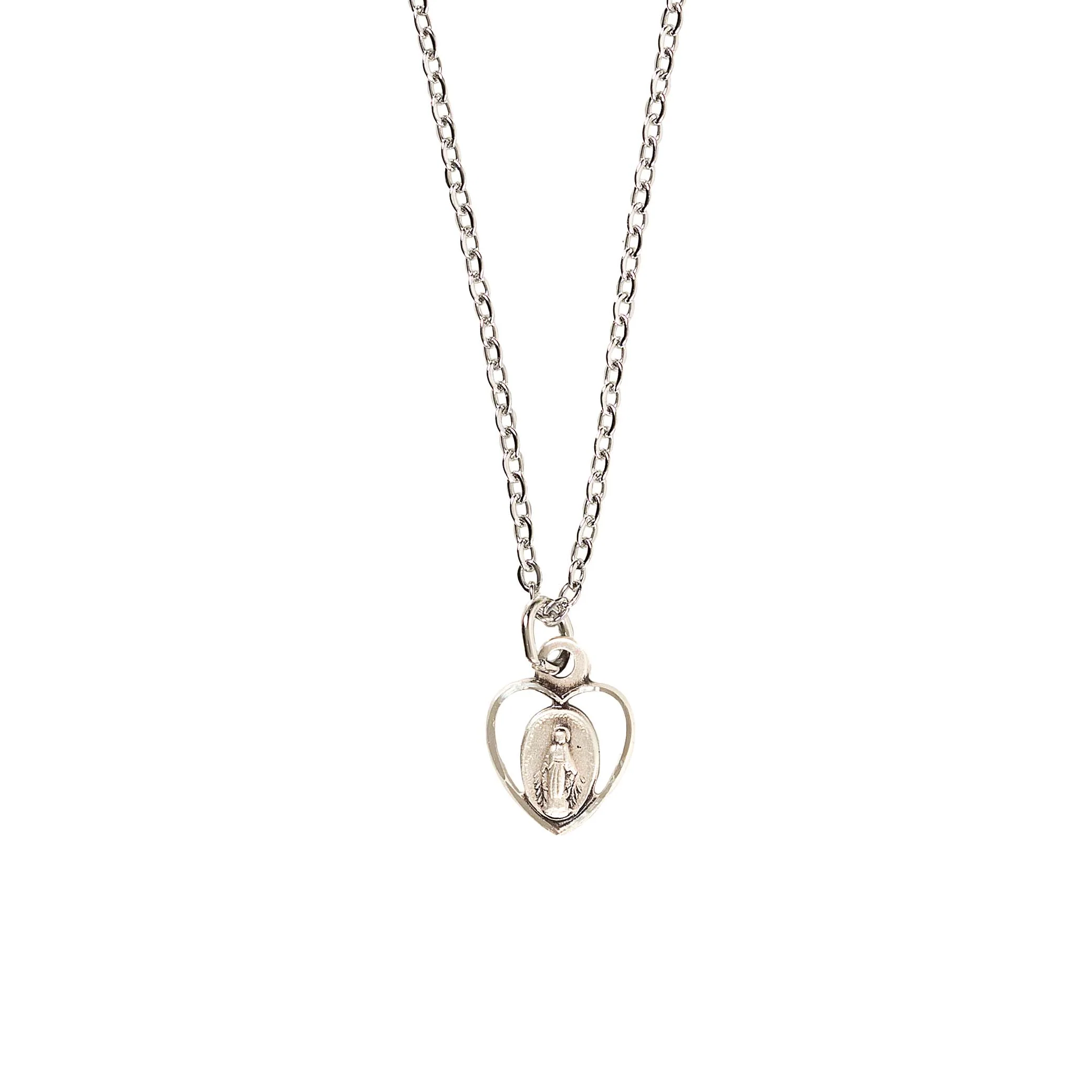 Sterling Silver Petite Heart Miraculous Medal Necklace - Image 2