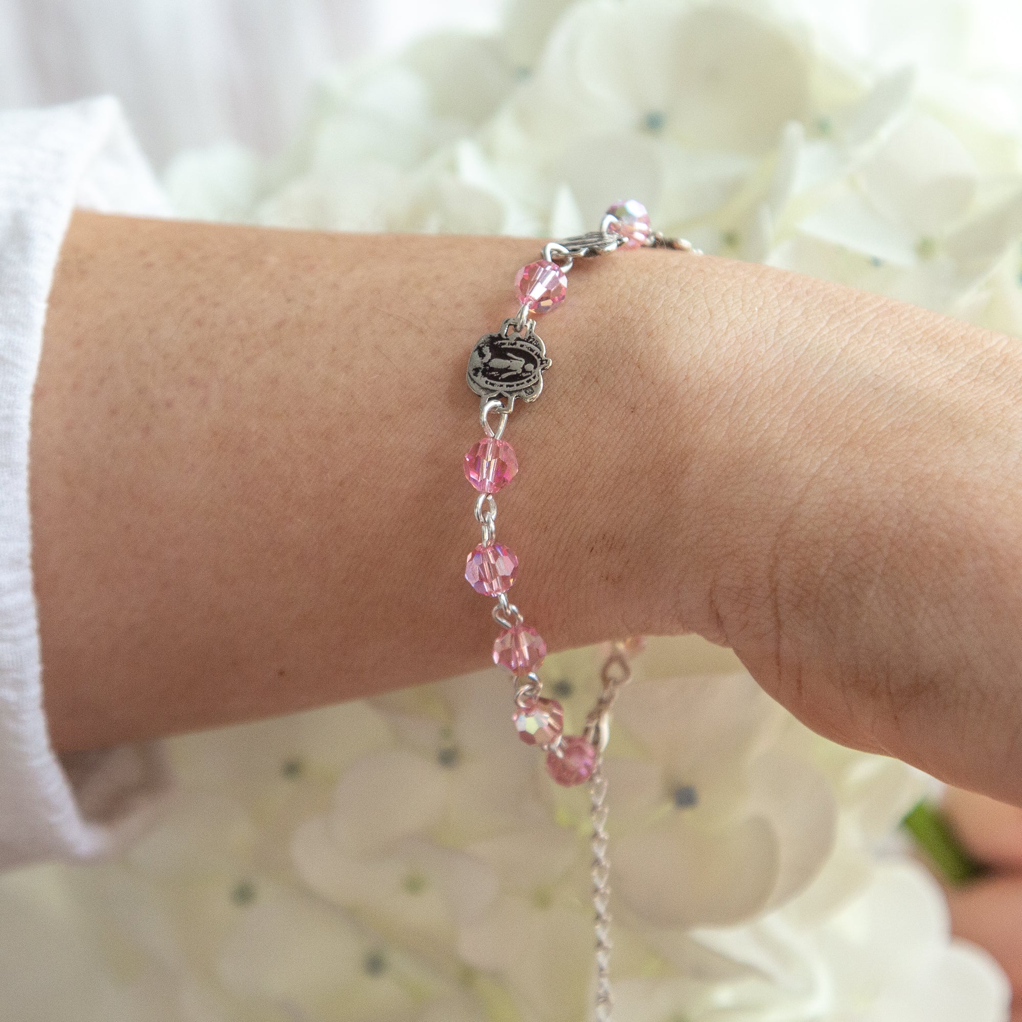 Sterling Silver Pink Swarovski Rosary Bracelet with Roses - Image 2