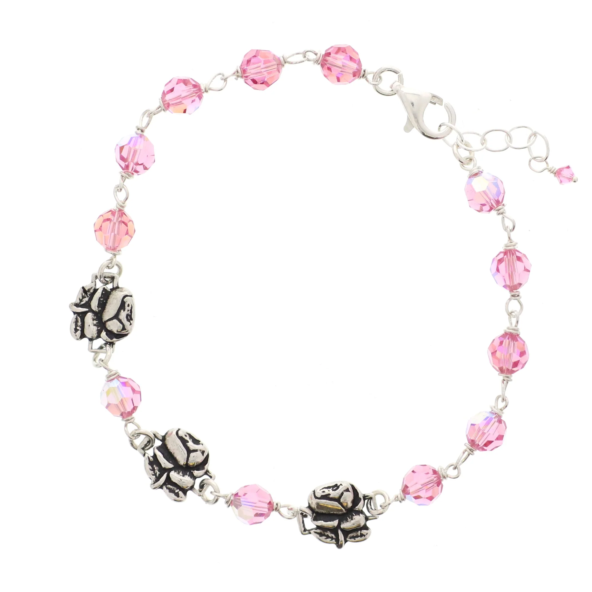 Sterling Silver Pink Swarovski Rosary Bracelet with Roses - Image 3