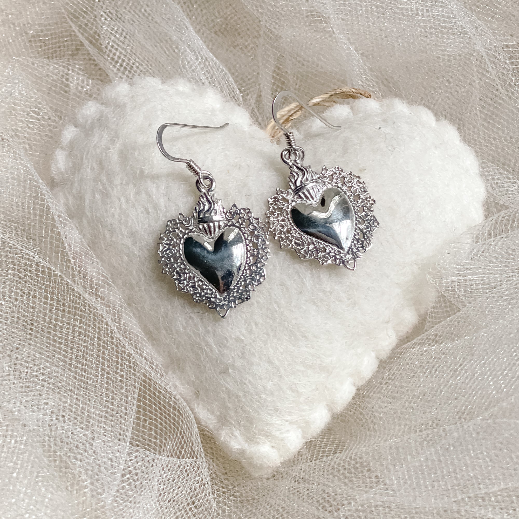 Sterling Silver Sacred Heart Shape Drop Earrings