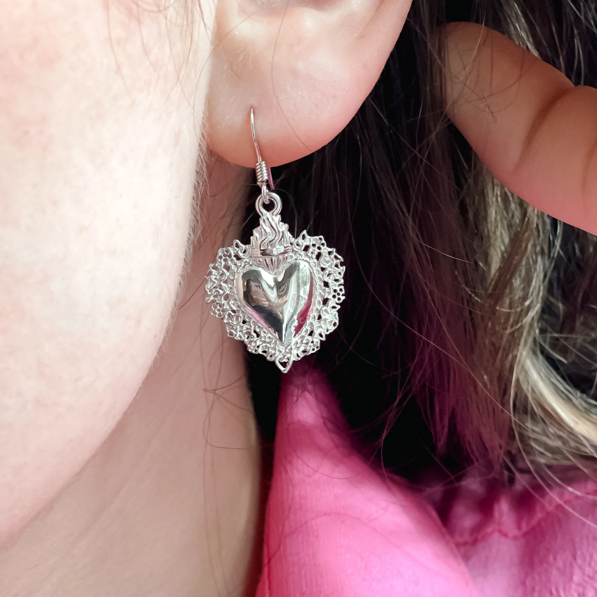 Sterling Silver Sacred Heart Shape Drop Earrings - Image 2