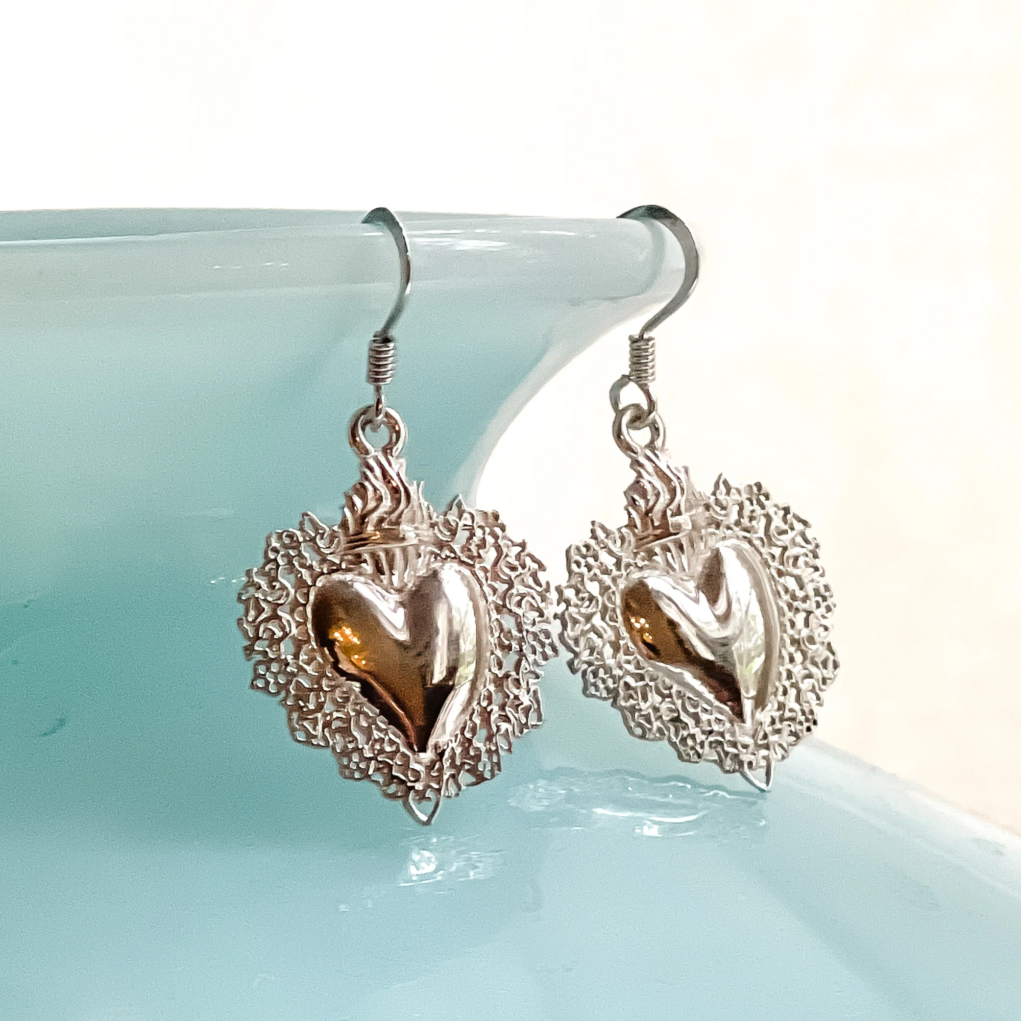 Sterling Silver Sacred Heart Shape Drop Earrings - Image 3
