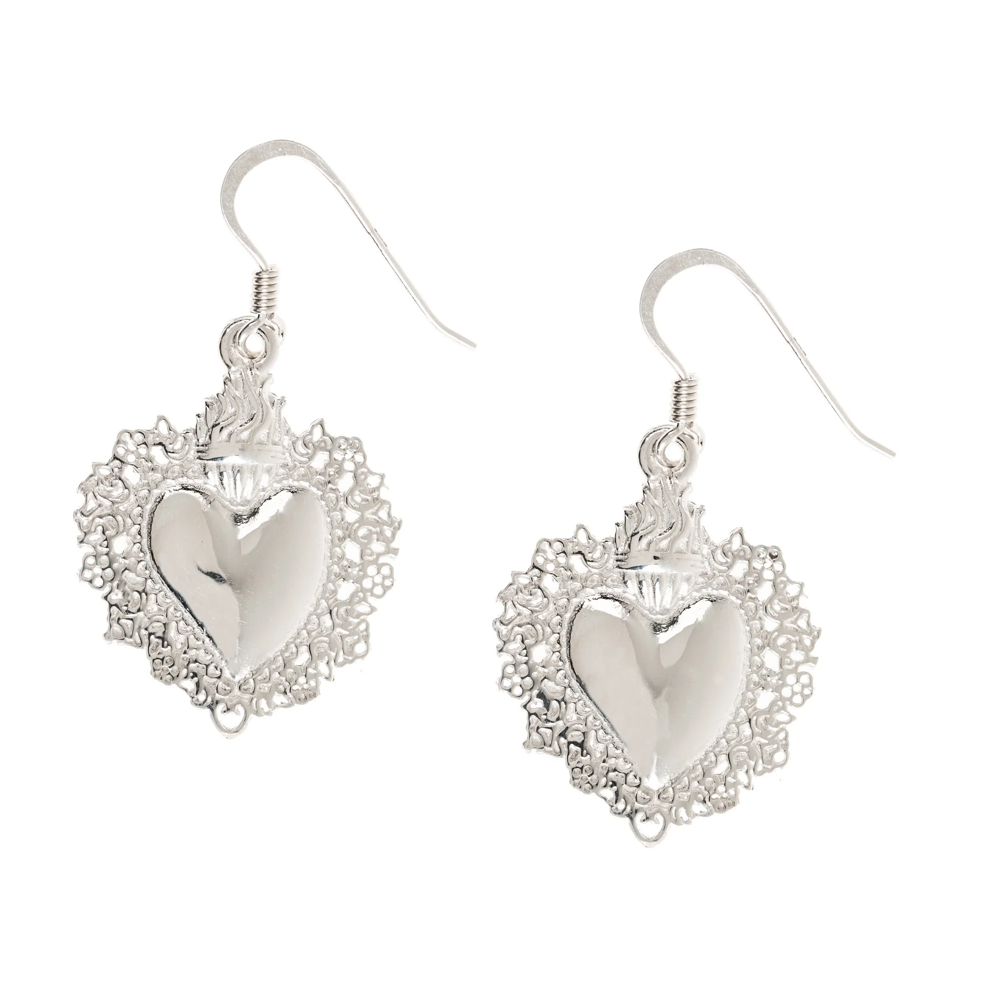 Sterling Silver Sacred Heart Shape Drop Earrings - Image 4