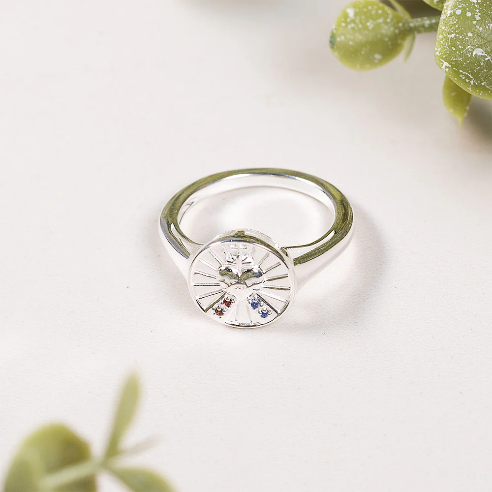 Sterling Silver Sapphire & Garnet Sacred Heart & Divine Mercy Ring