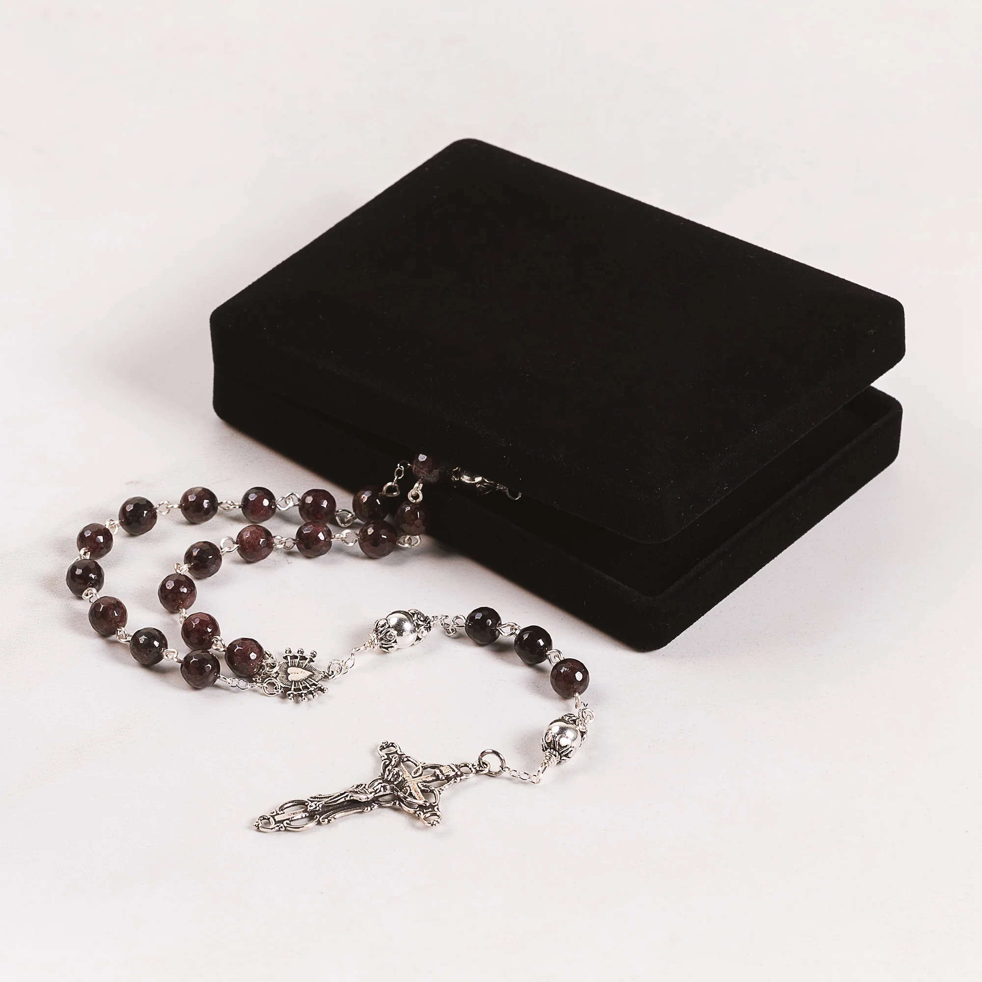 Sterling Silver Seven Sorrows Garnet Rosary, 7mm - Image 2