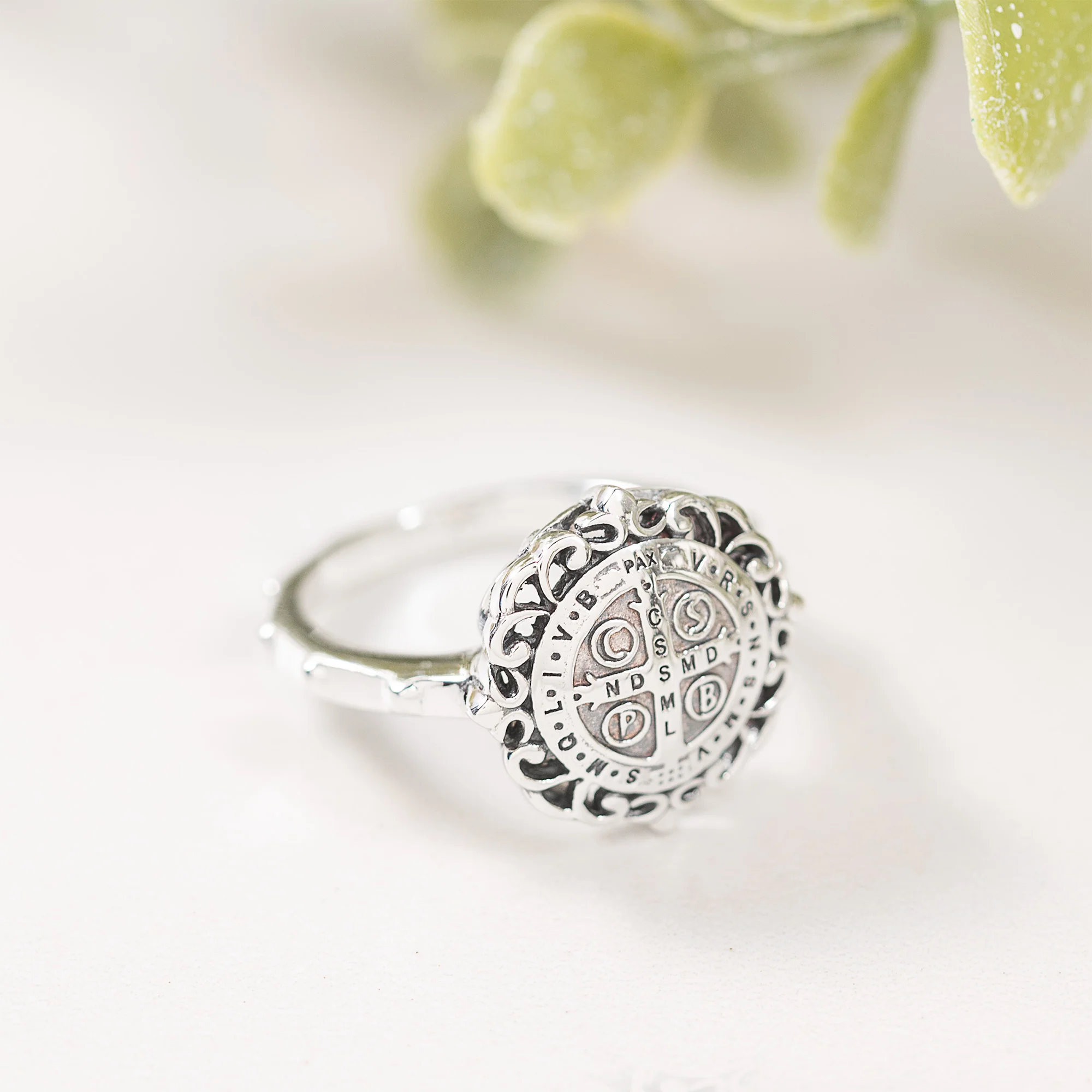 Sterling Silver St. Benedict Filigree Rosary Ring - Image 3