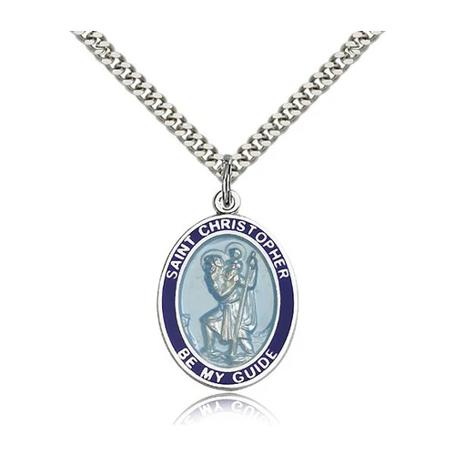 Sterling Silver St. Christopher Blue Border Pendant w/ chain