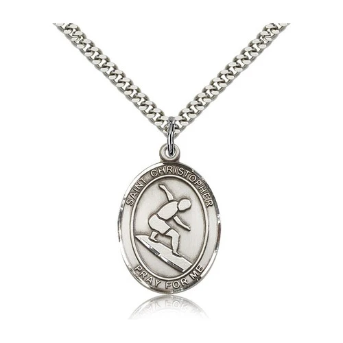 Sterling Silver St. Christopher Medal w/ chain - Surfer