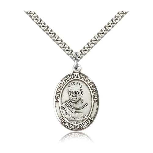 Sterling Silver St. Maximilian Kolbe Pendant - 24 Inch Chain