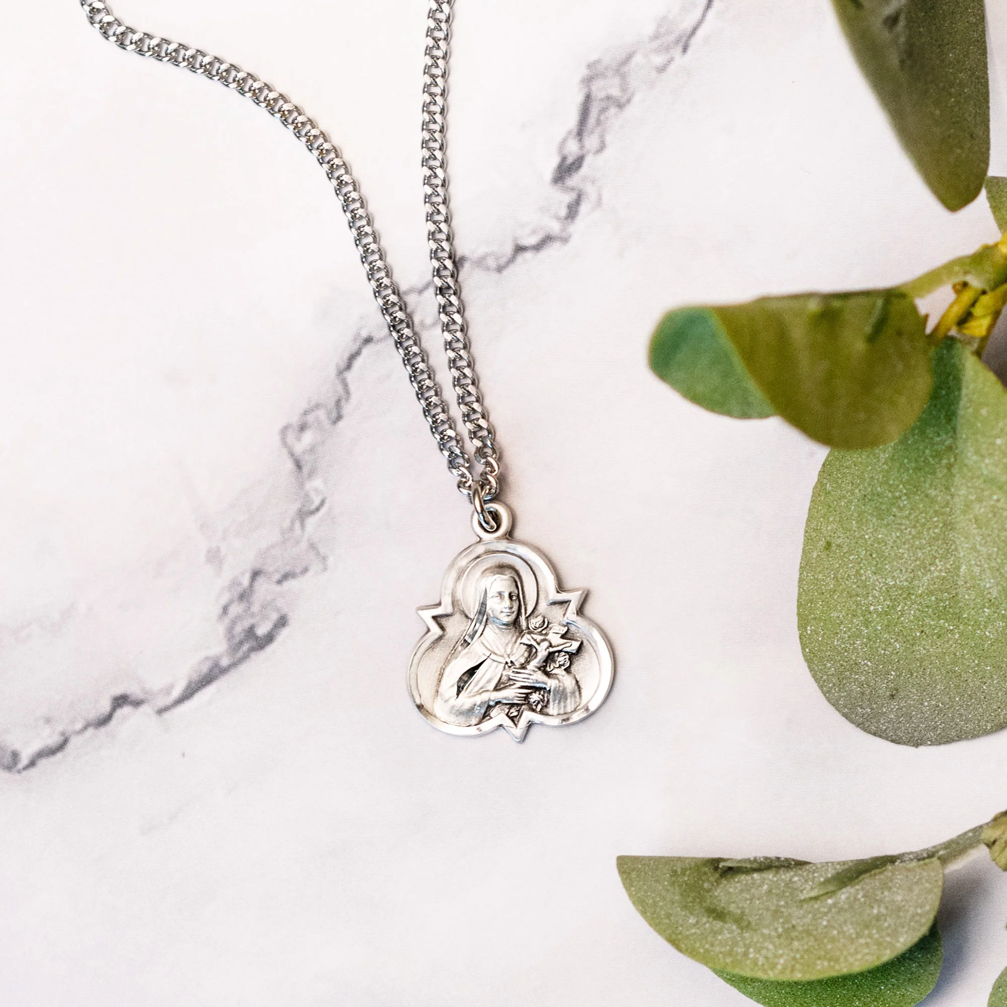 Sterling Silver St. Therese Trinity Medal Necklace