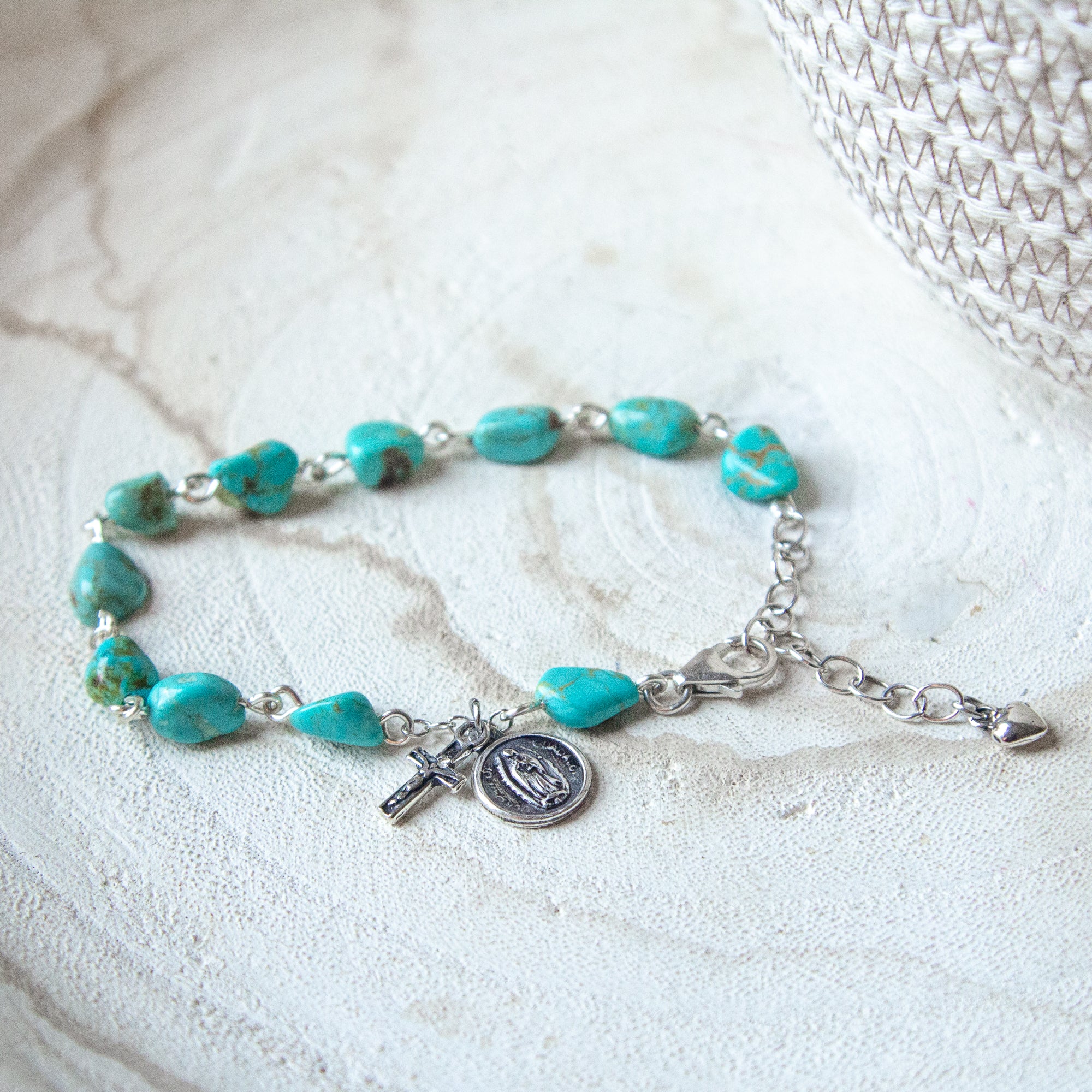 Sterling & Turquoise Nugget Our Lady of Guadalupe Rosary Bracelet - Image 3