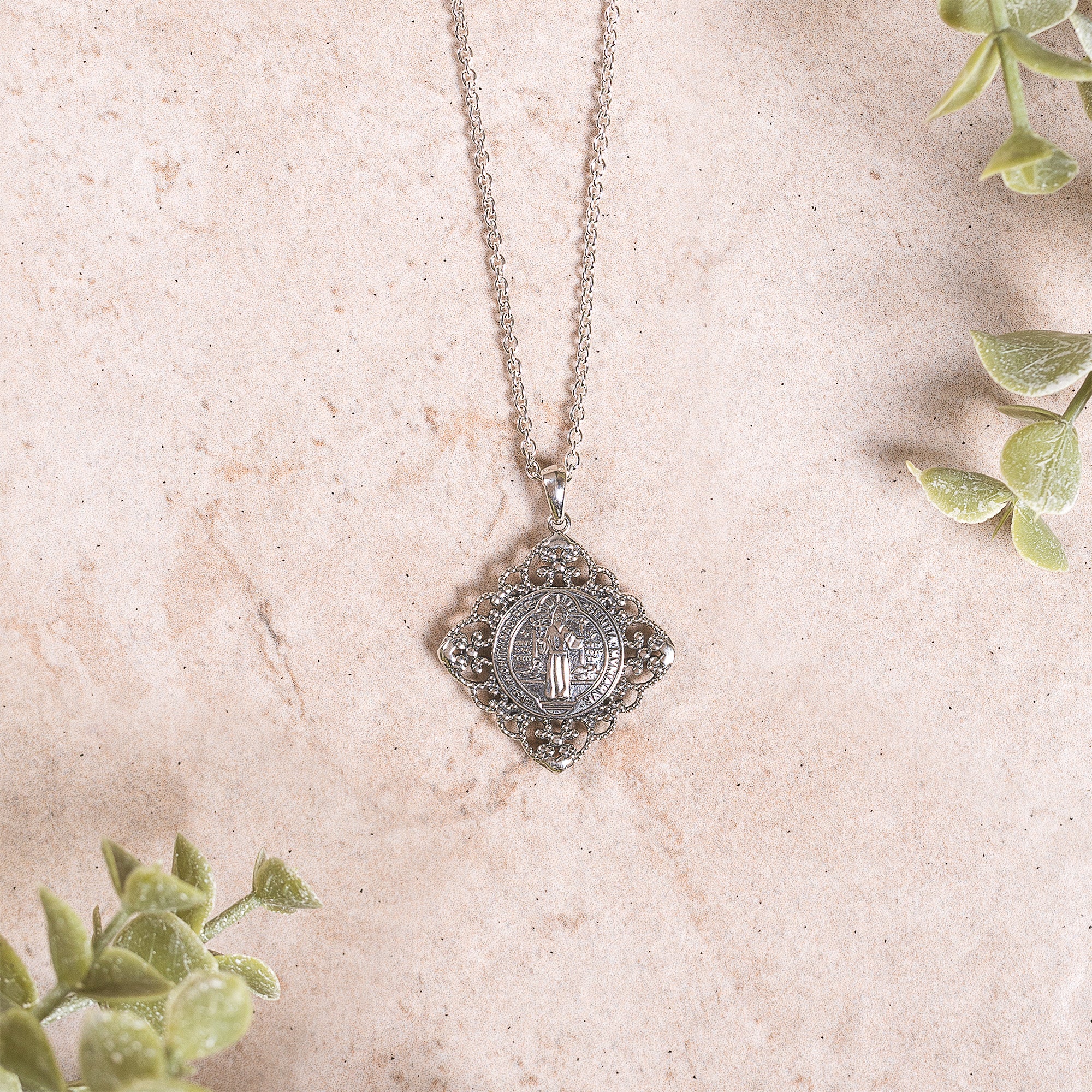 Sterling Vintage Filigree St. Benedict Medal Necklace - Image 2