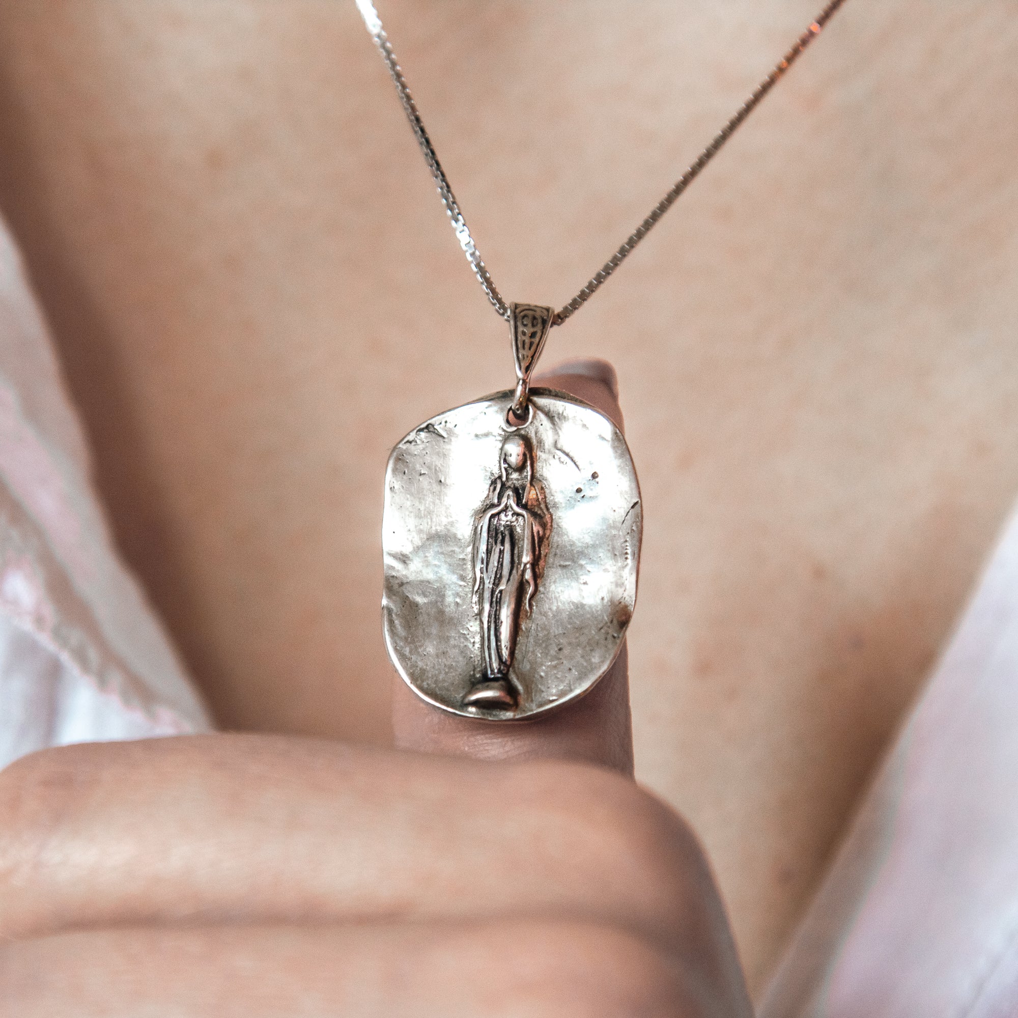 Stylized Sterling Silver Marian Pendant Necklace - Image 2