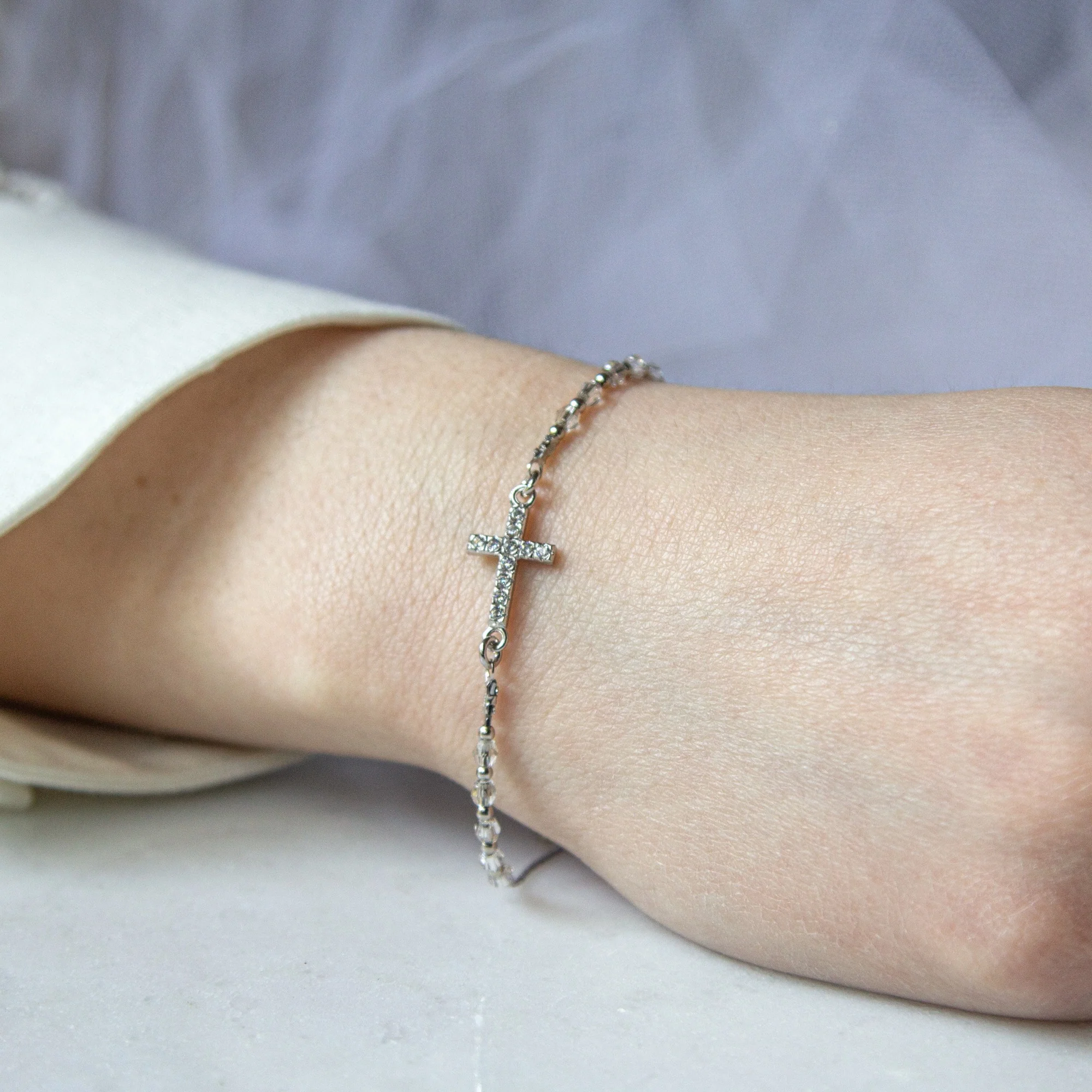 Swarovski Clear Crystal Rosary Bracelet with Crystal Cross - Image 2