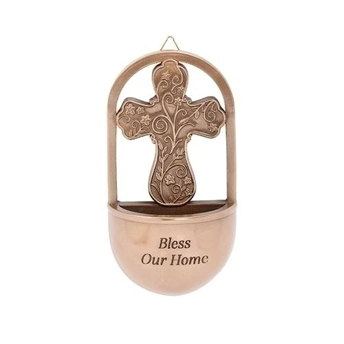 Swirled Cross Bless Our Home Holy Water Font