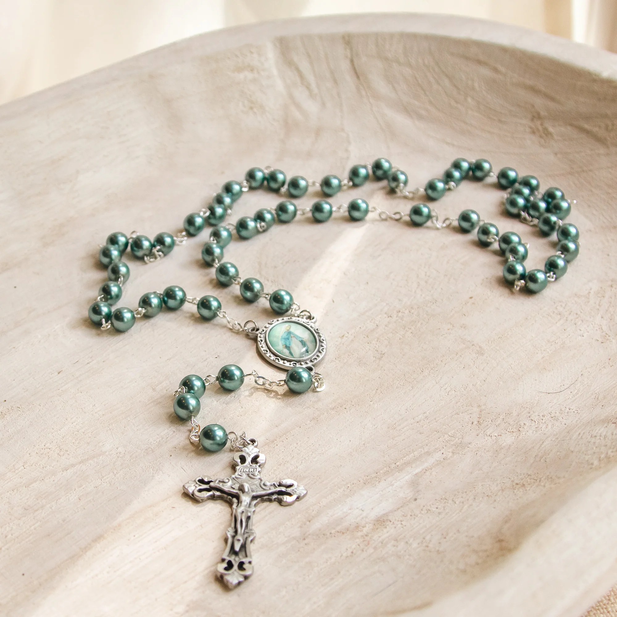 Teal Pearl Our Lady of Grace Rosary - Image 2