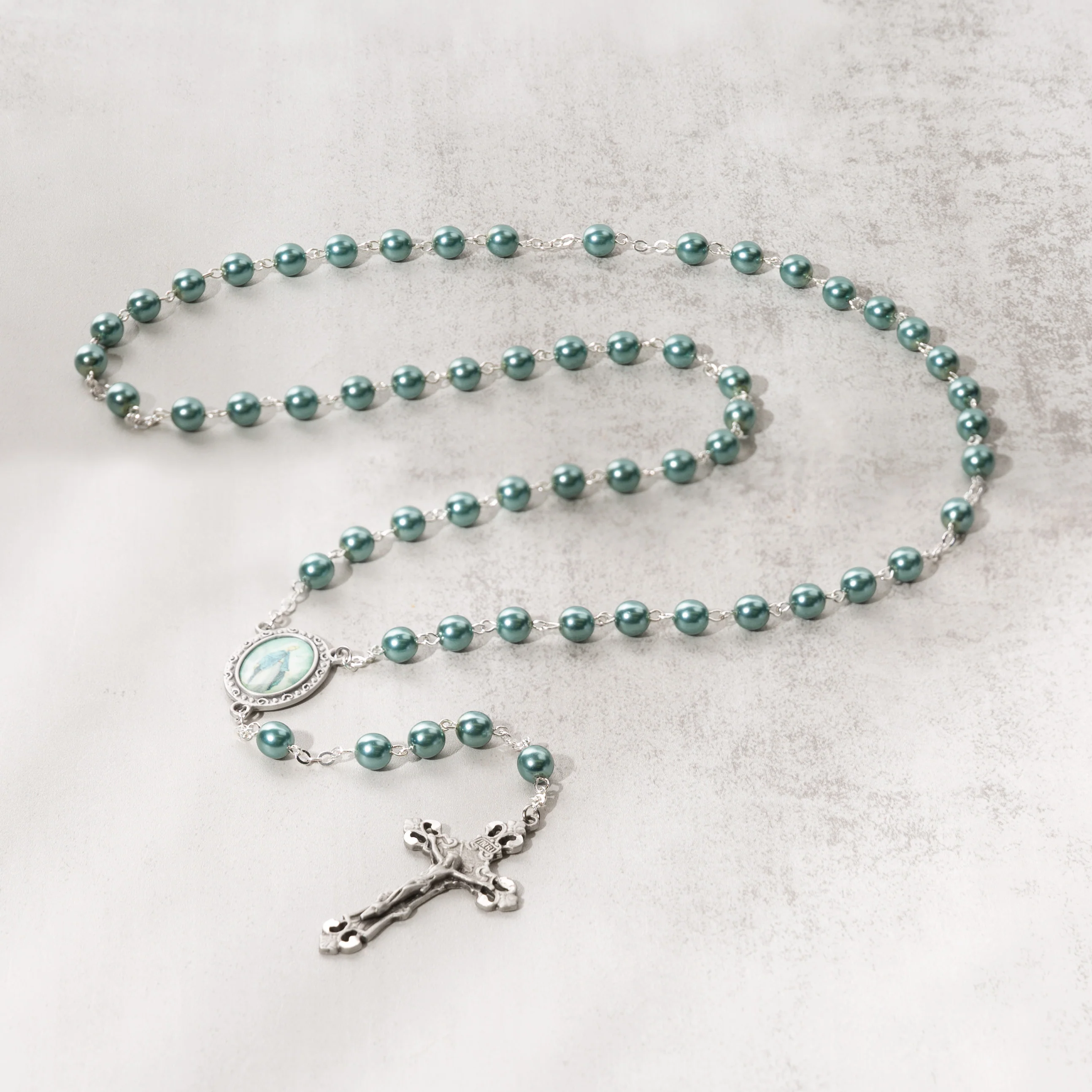Teal Pearl Our Lady of Grace Rosary - Image 4