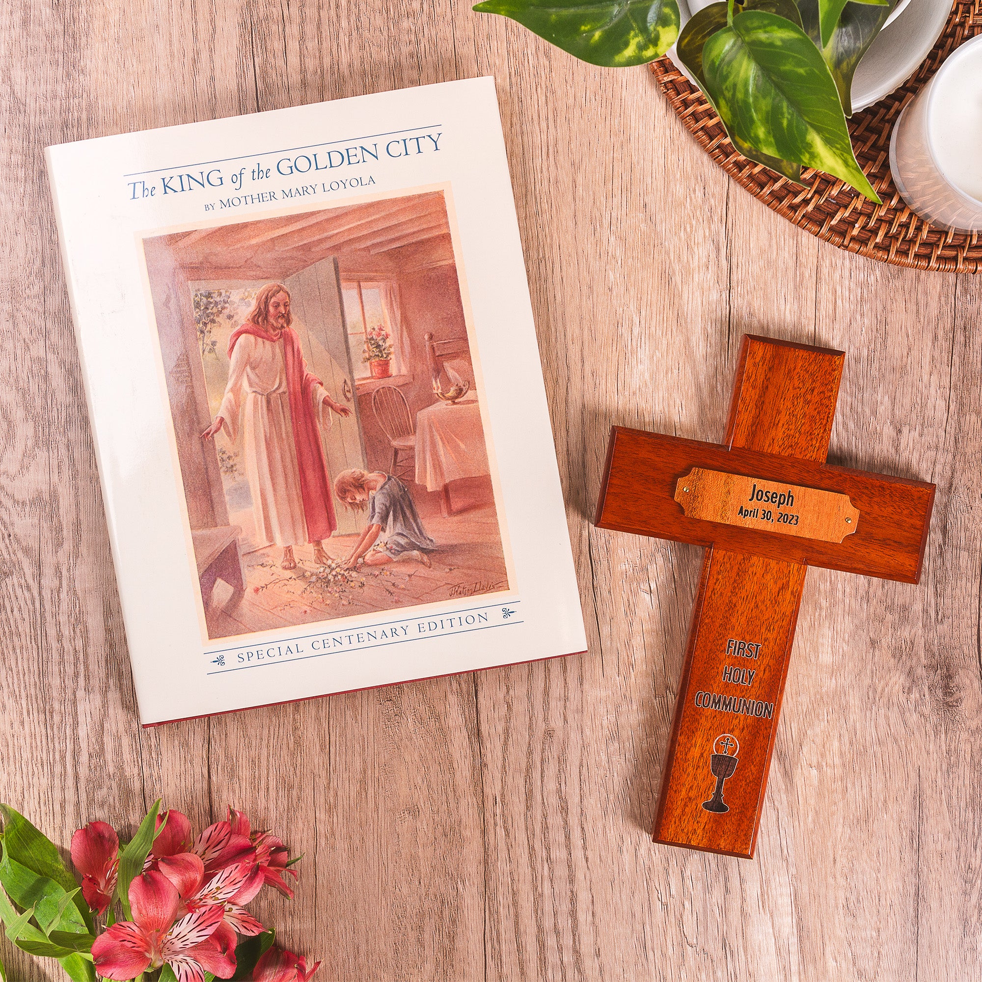 The King of the Golden City Book & Personalized First Communion Wood Cross (Gift Set)