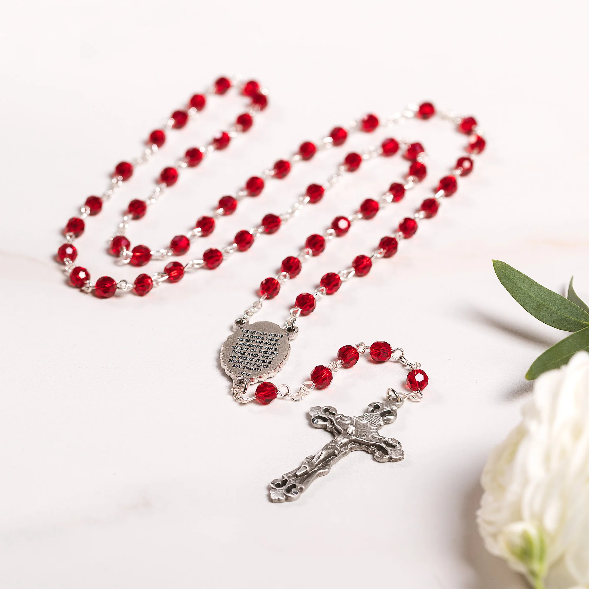 Three Hearts Red Crystal Rosary - Image 2