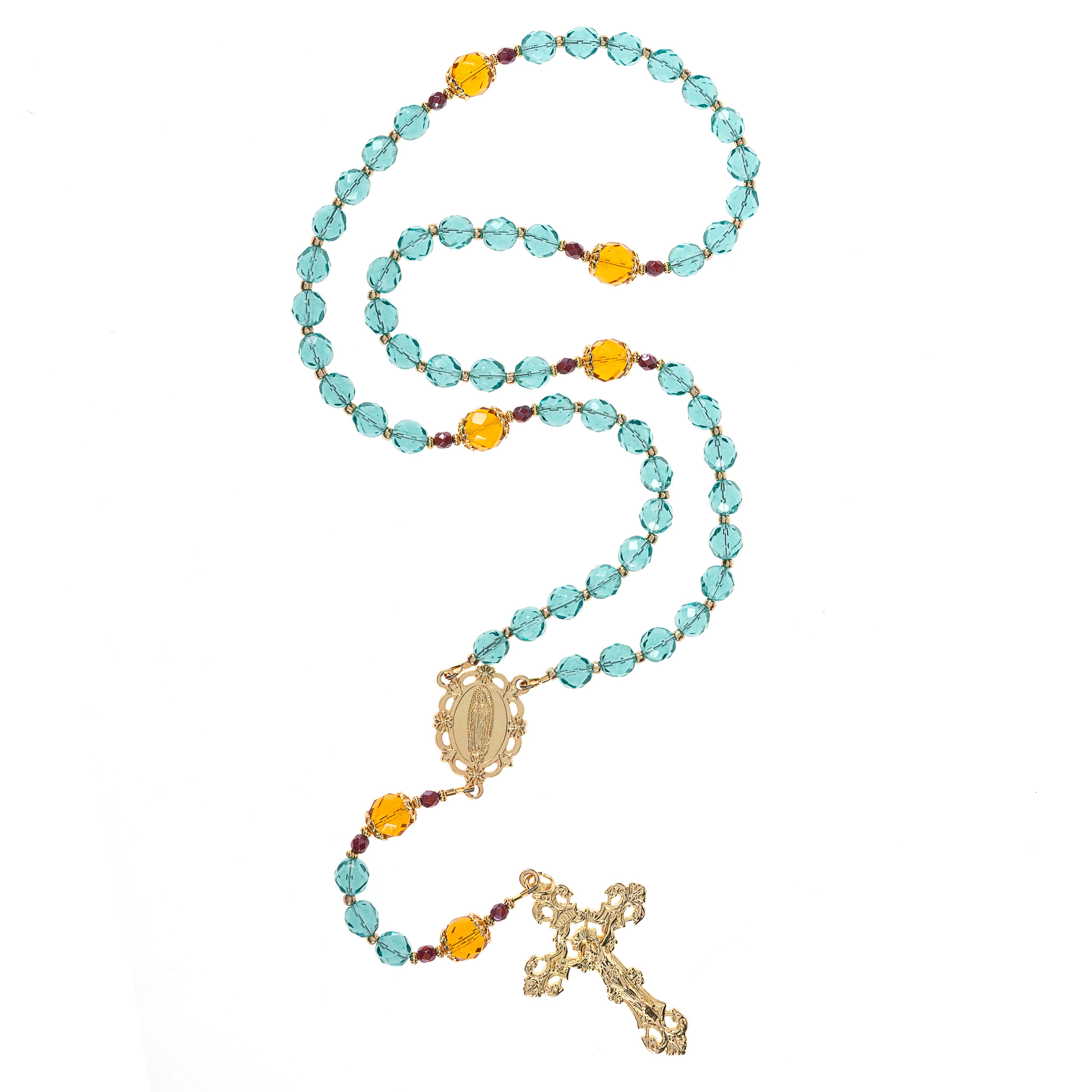 Turquoise Fire Polished Crystal Our Lady of Guadalupe Rosary - Image 2
